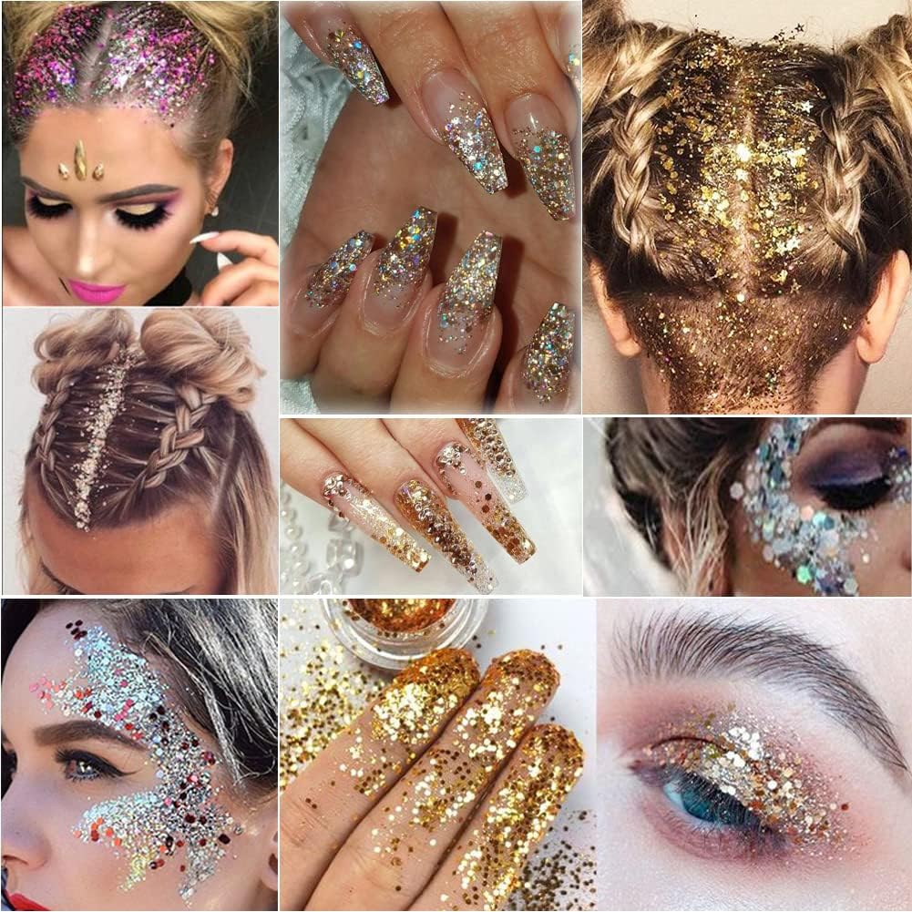Holographic Nail Art Glitters Gold Silver Nail Sequins 3D Laser Acrylic Nails Powder Dust Flakes Nail Art Supplies for Nails Art Decoration Nail Sparkle Manicure Accessories Glitters Crafts 5 Boxes - Image 2