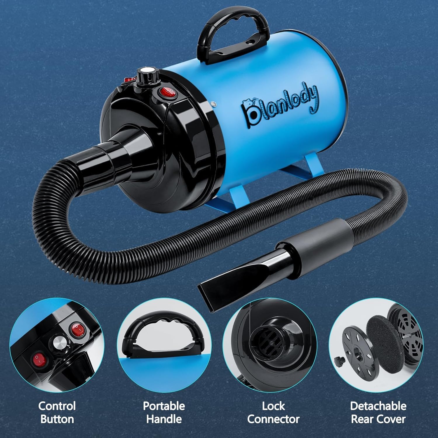 High Velocity Dog Hair Dryer 5.2HP/ 3800W Professional Dogs Blower Grooming Dryer, Adjustable Temperature and Speed Pet Dryers with 4 Nozzles and a Comb, Blue - Image 6