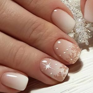 Christmas Press on Nails Short square Fake Nails with White Snowflake Designs Glossy Gradient Winter Xmas Acrylic Nails Nude White Ombre Full Cover False Nails for Women Girls Manicure 24Pcs