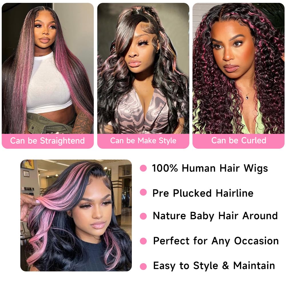 Ombre Lace Front Wig Human Hair 1B/Pink 13x4 Skunk Stripe Highlight Colored Wigs Human Hair Body Wave HD Frontal Wigs Human Hair Pink And Black Wig Glueless Wigs Human Hair 180% Density 22 Inch - Image 5