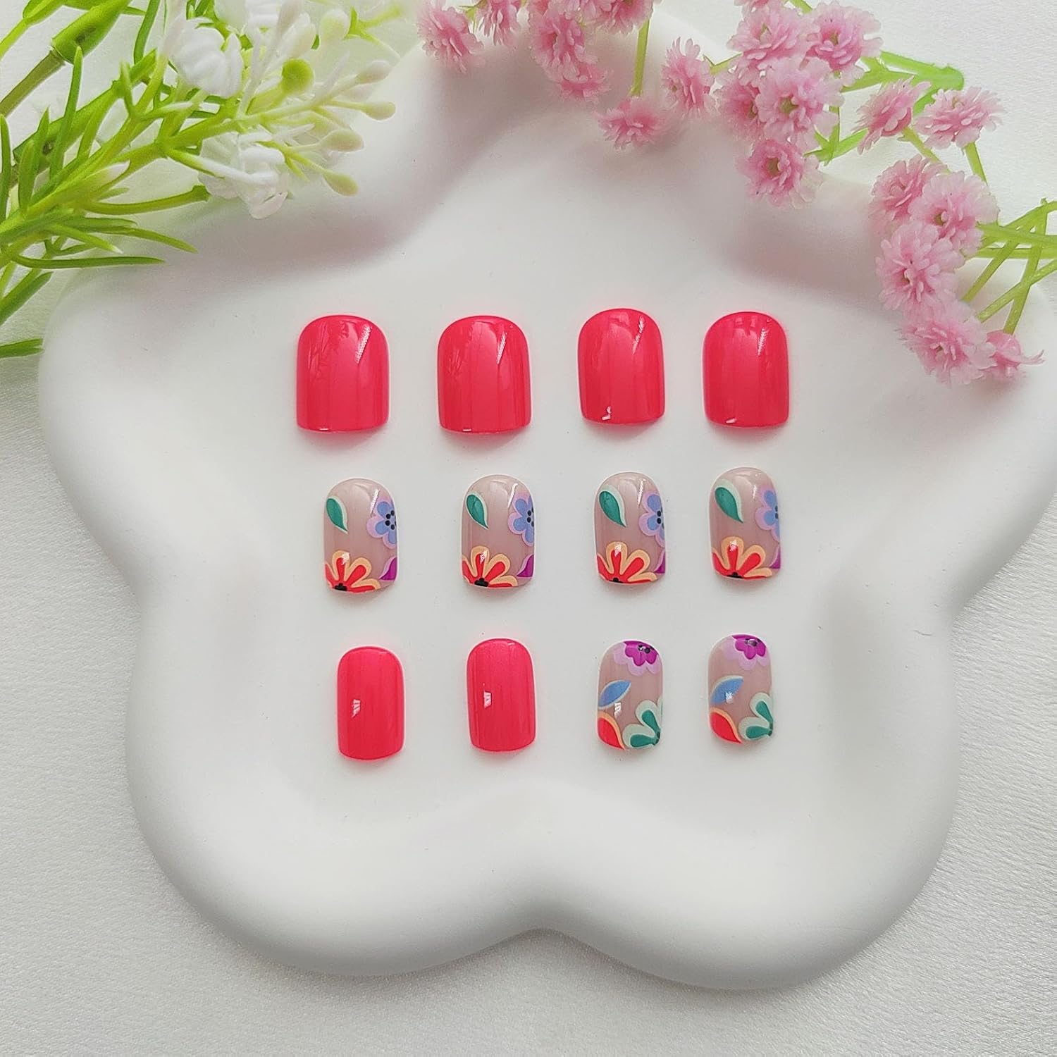 Square Press on Nails Short Fake Nails with Colorful Flower Designs Orange Red Nails Press ons Glossy Glue on Nails Acrylic False Nails Full Cover Stick on Nails for Women 24Pcs - Image 4