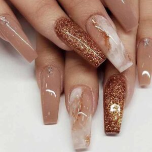 Long Press on Nails Marble False Nails Art Full Cover Acrylic Coffin Orange Fake Nails for Women and Girls 24PCS