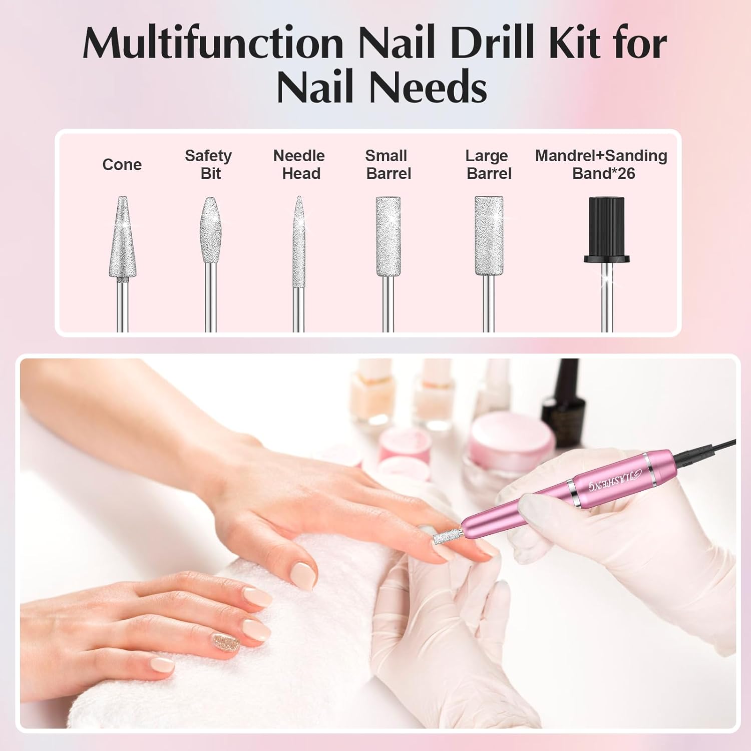 JIASHENG USB Electric Nail Drill, Portable Electric Nail File for Acrylic Gel Nails, Professional Drill Nail Kit Manicure and Pedicure Kit with Drill Bits for Home and Salon Use, Pink - Image 5