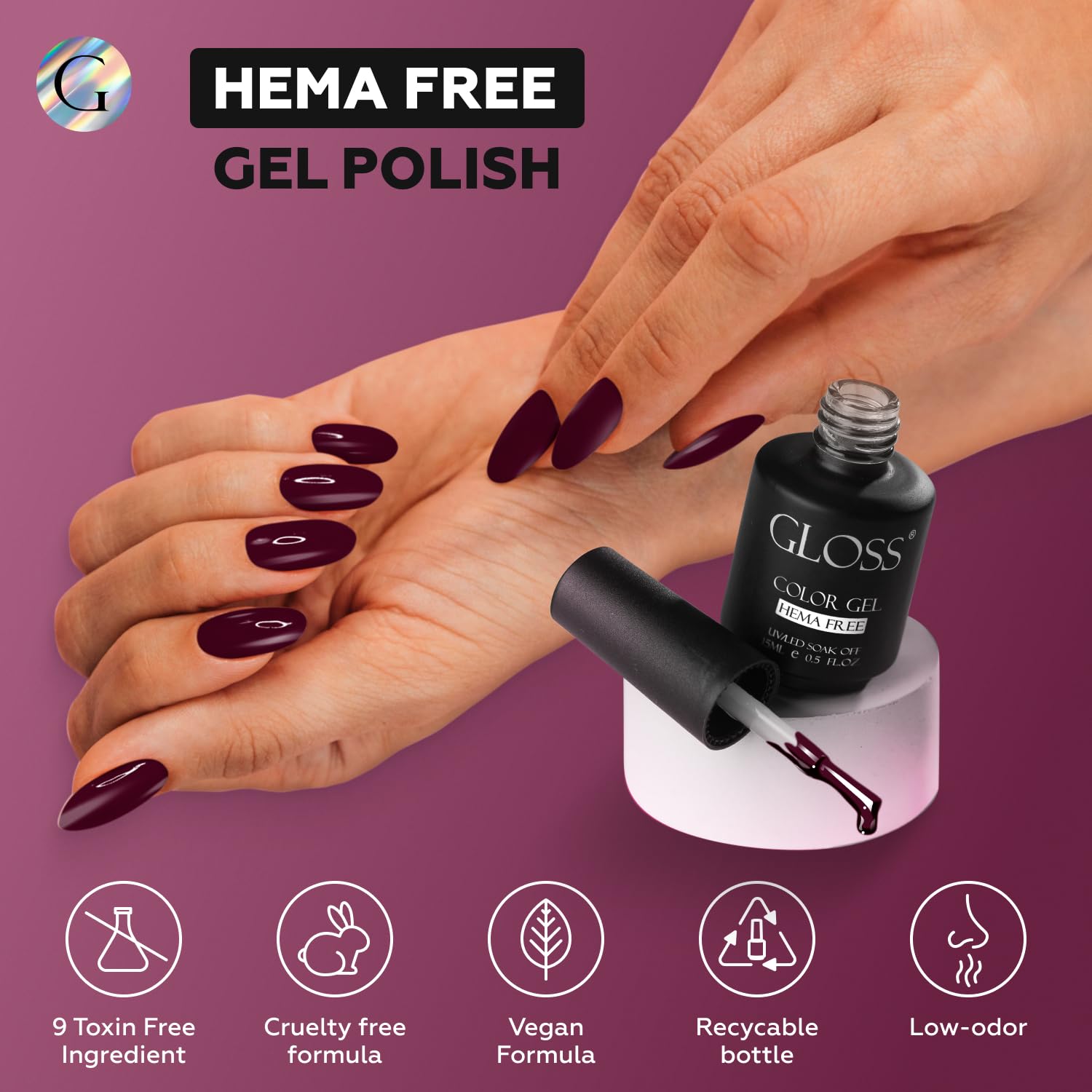 GLOSS Gel Nail Polish | Vanessa Dark Wine Gel 15ml 1 pcs - HEMA Free Gel Polish, Deep Cherry Red Soak Off UV LED Varnish, Professional Manicure for Home & Salon Use, DIY Gifts for Girls - Image 5