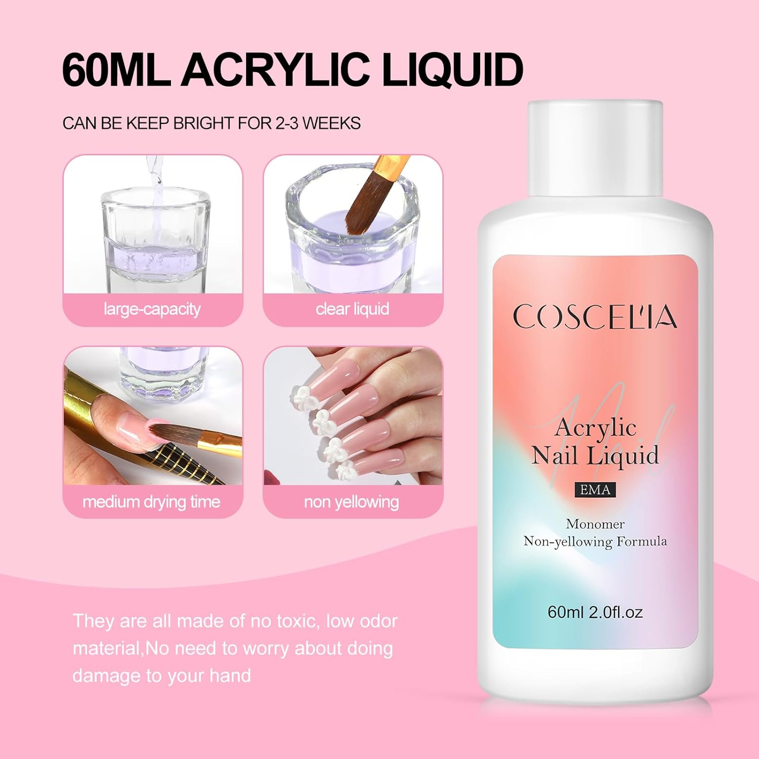COSCELIA Acrylic Nail Kit for Beginners with Everything,4 Colors Acrylic Powder Professional Nail Kits with Nail Drill U V Light Glitter Decorations DIY Extension Nails Home Use for Women - Image 3