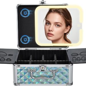 Makeup Case with Magnetic LED Mirror Travel Cosmetic Organizer Portable Makeup Box with Lighted Up Mirror Make Up Vanity Nail Box Lipstick Artist Storage with Lockable Dividers Brush Holder Shiny Blue