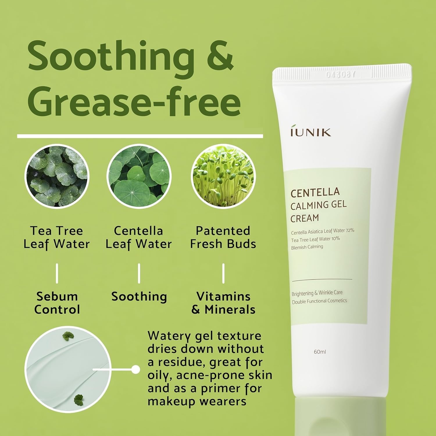 IUNIK Centella Calming Gel Cream Vegan Non-Sticky Moisturizing Blemish Care w/Centella Asiatica Tea Tree Soothes Acne Rosacea Oily & Sensitive Skin Korean Skincare - Image 3