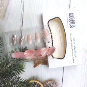 Coffin Press on Nails Medium Length With Rhinestone Designs Full Cover Gradient Acrylic False Nails for Women Cute Glitter Glue on Manicure Kit 24Pcs