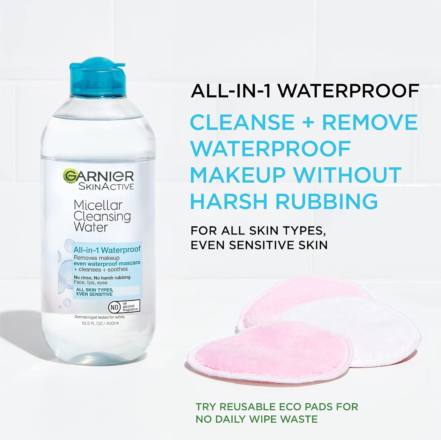 Garnier Micellar Water For Waterproof Makeup, Hydrating Facial Cleanser & Makeup Remover, Suitable for Sensitive Skin, Vegan, Cruelty Free, 13.5 Fl Oz (400mL), 1 Count - Image 3