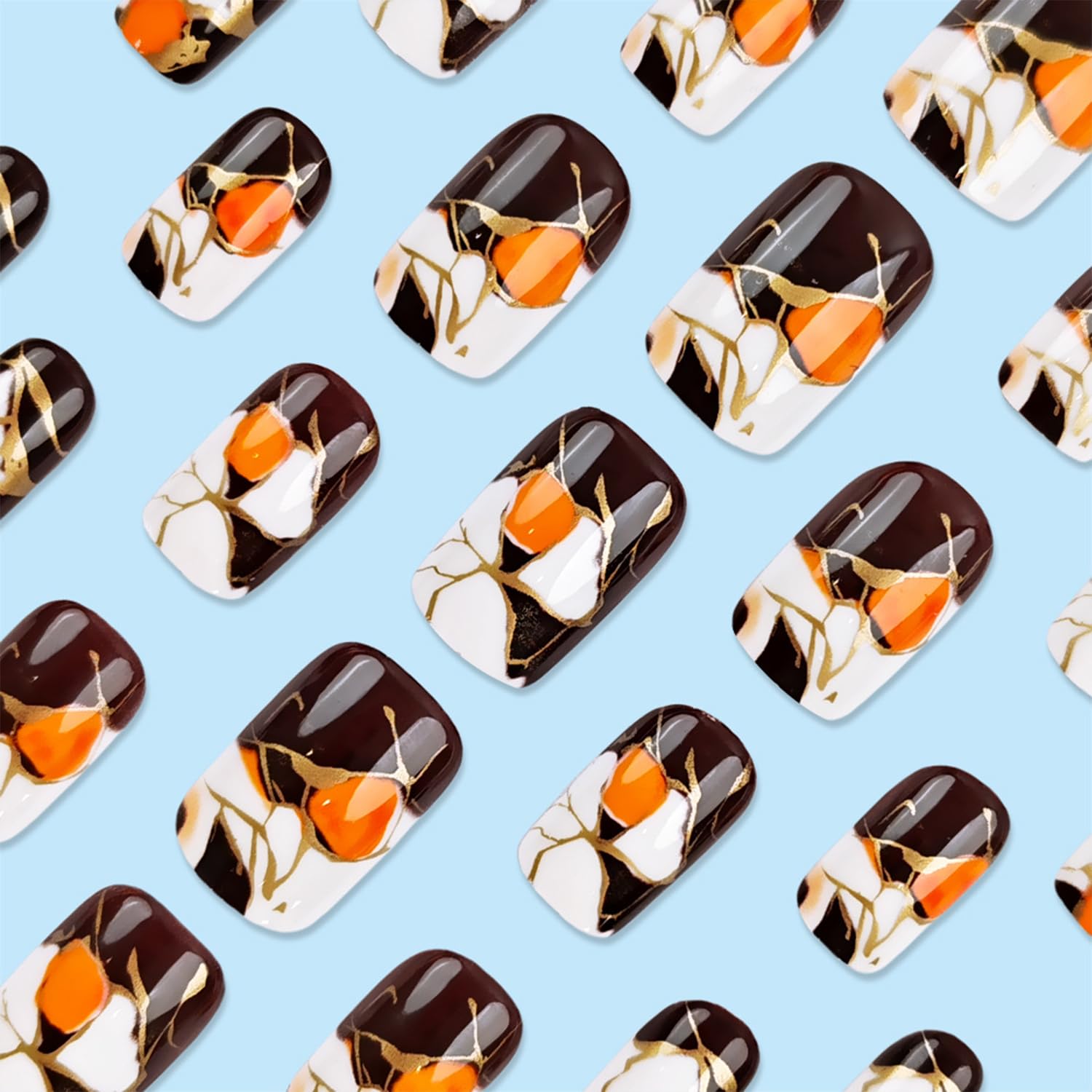 Short Square Press on Nails with Designs Marble Texture Fake Nails Acrylic Glue on Nails Brown False Nails Glossy Full Cover Stick on Nails for Women Artificial Nails 24 Pcs - Image 4