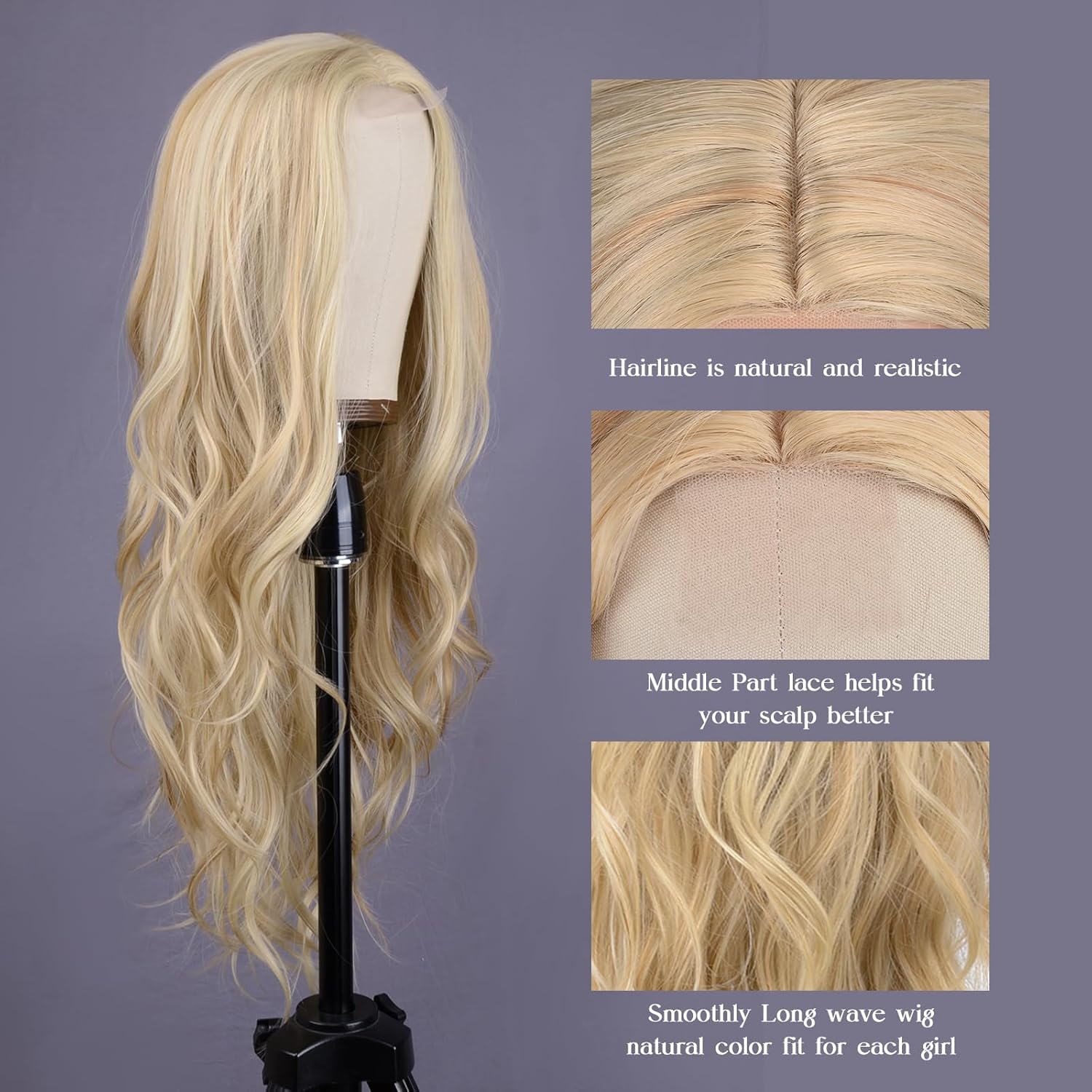 Mixed Blonde Long Wave Wig for Women -26inch Middle Part Long Curly Wig Heat Resistant Synthetic Hair Looking Natural, Fiber Wig for Daily Party Use - Image 3