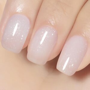 YTD Likomey Nude Glitter Gel Nail Polish,15ml Milky White Pearly Shimmer Jelly Translucent Neutral Holographic Iridescent Sparkly Salon Home DIY UV Manicure Nail Art Varnish,SF346
