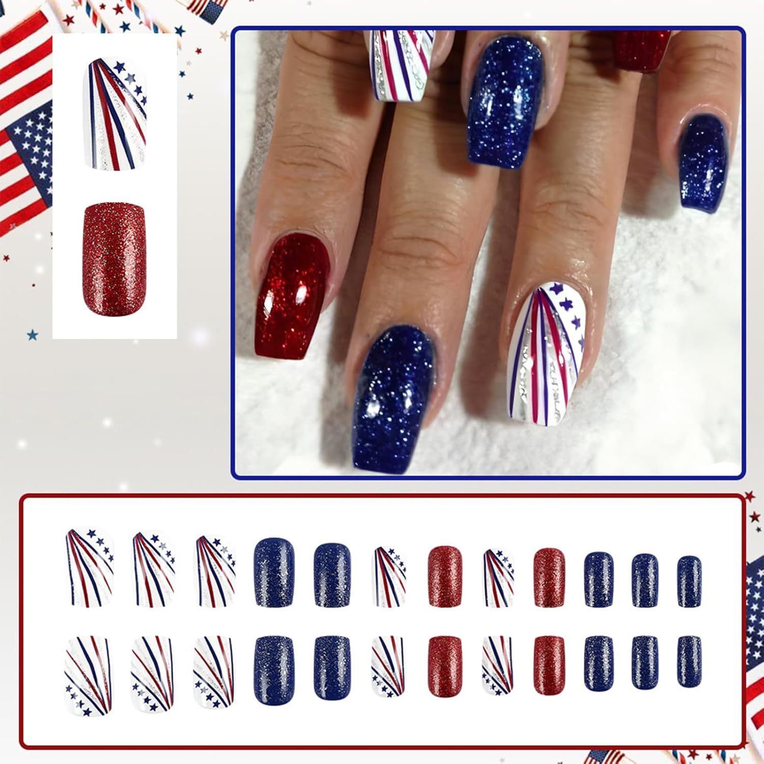 24Pcs Independent Day Press on Nails 4th of July Medium Square Coffin Fake Nails Red Blue Glitter Full Cover Glossy Acrylic nails False Nails Colorful Line Star Glue on Nails Manicure Decor - Image 2