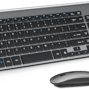 Wireless Keyboard and Mouse Ultra Slim Combo, TopMate 2.4G Silent Compact USB 2400DPI Mouse and Scissor Switch Keyboard Set with Cover, 2 AA and 2 AAA Batteries, for PC/Laptop/Windows/Mac - Gray Black