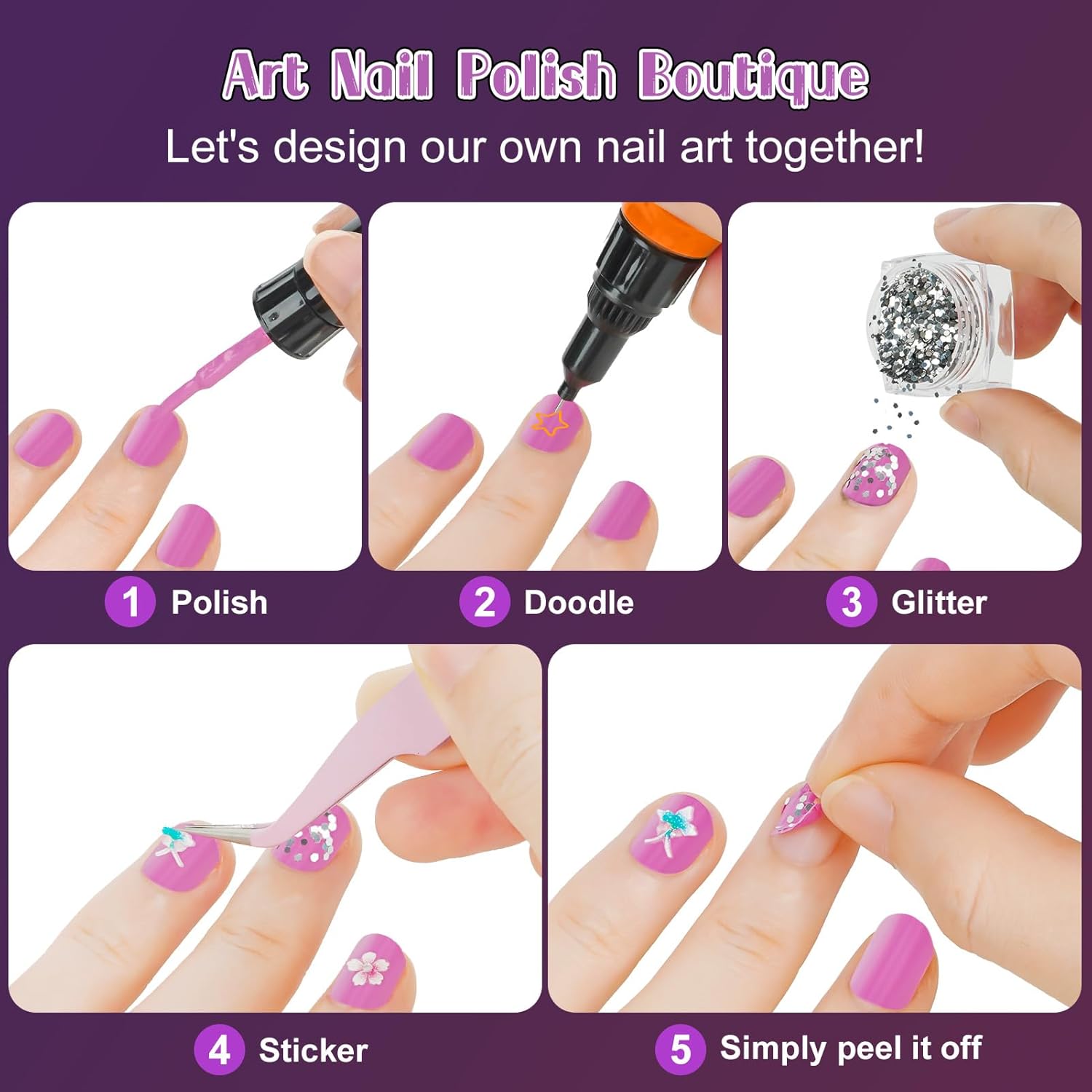 Tudaymol Nail Art Studio for Girls - Nail Polish Kit for Kids Ages 6-12 Years Old,Non-Toxic Peel-Off Safe Quick Dry Nail Polish Gift Kit Set,Cool Girls Toys Stuff - Polish, Pens, Glitter, Stickers - Image 5
