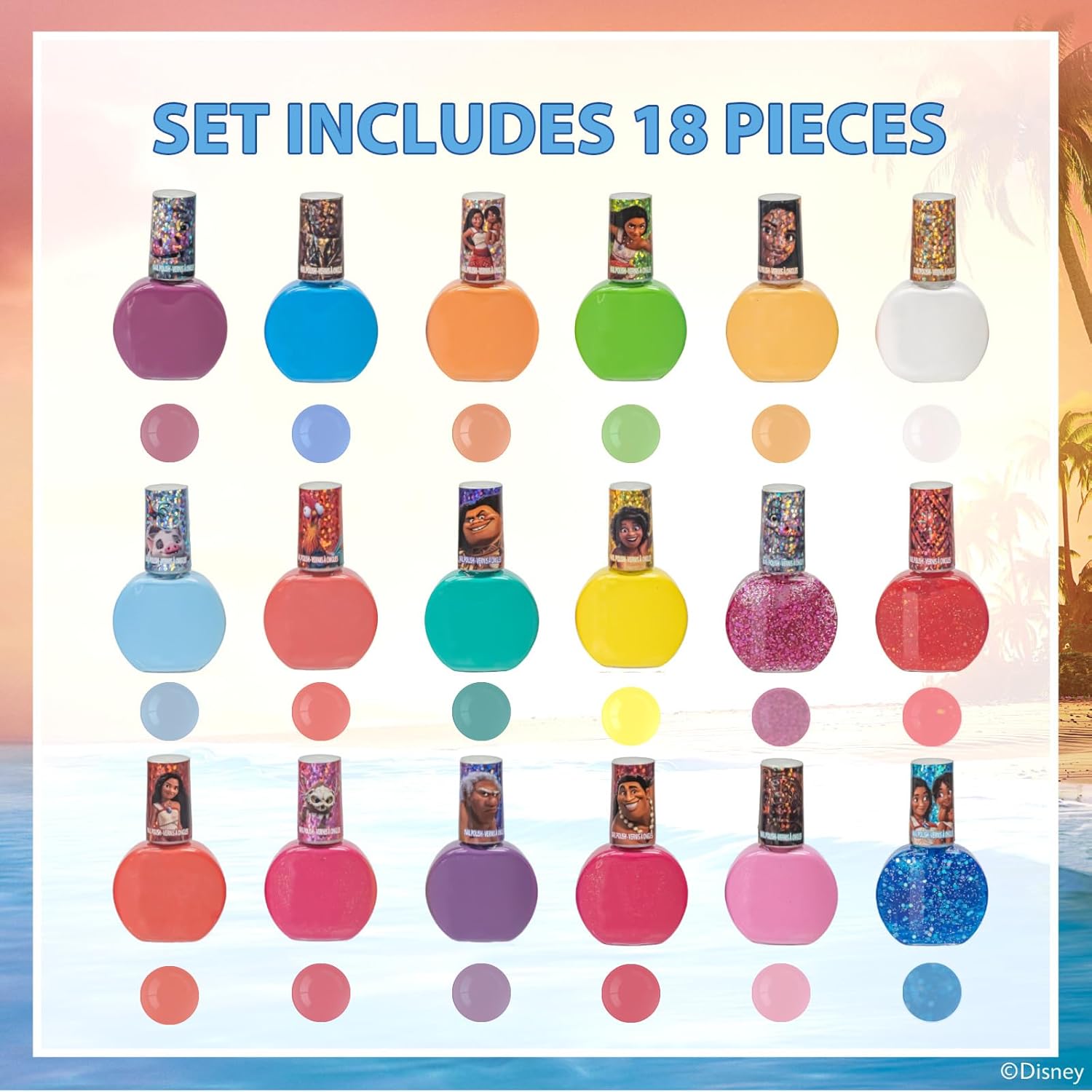 Townley Girl Moana 2 Non-Toxic Water-Based Peel Off Nail Polish Set with Glittery Shimmery Opaque Colors for Girls Kids Ages 3+ Perfect for Parties Spa Days Makeovers 18 Pcs - Image 2