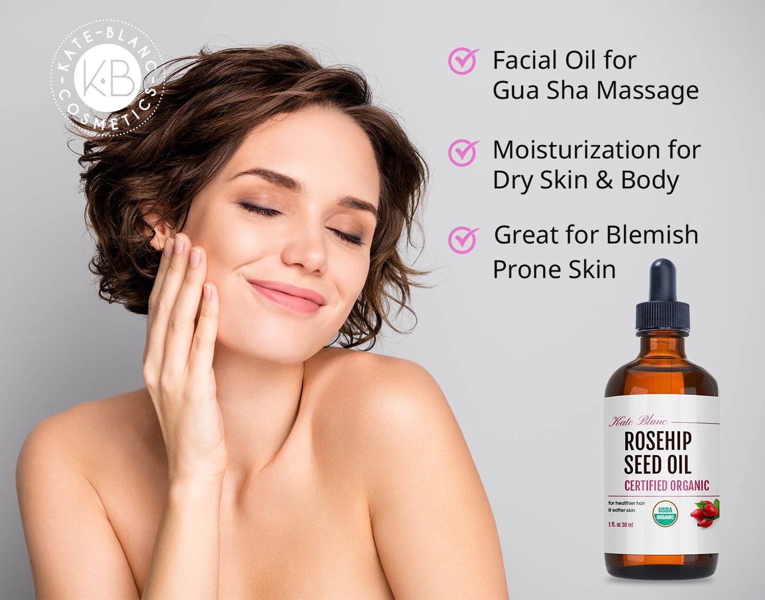 Kate Blanc Cosmetics Rosehip Oil for Face & Skin (1oz, Organic, Pure, Cold Pressed) Rosehip Seed Face Oil for Facial & Gua Sha Massage - Image 2
