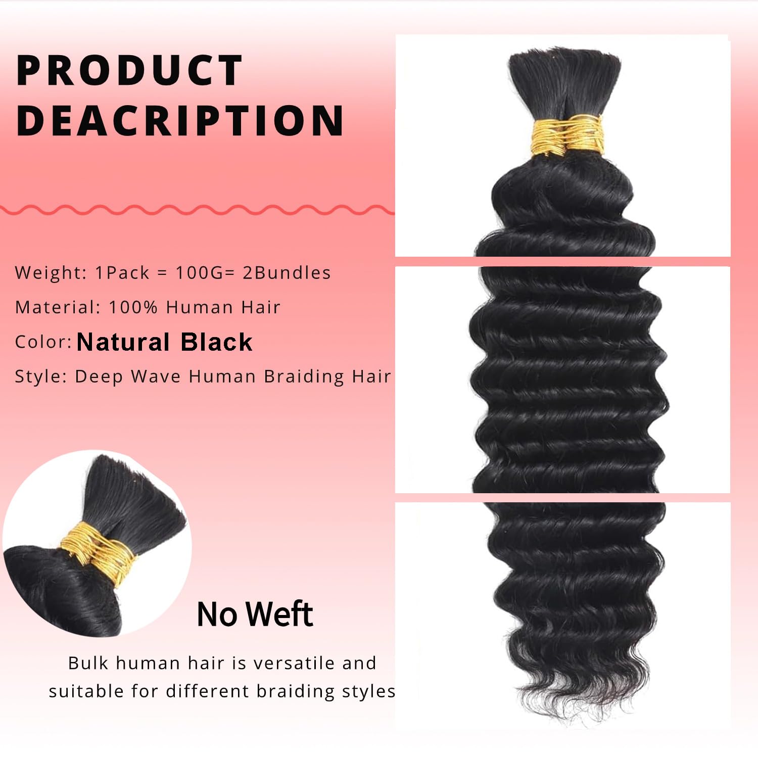 Human Braiding Hair for Boho Braids 100g 18 Inch Deep Wave Bulk Human Hair for Braiding 12A No Weft Curly Human Hair Extensions Wet and Wavy Boho Hair for Braiding 2 Bundles/Pack Natural Color - Image 2