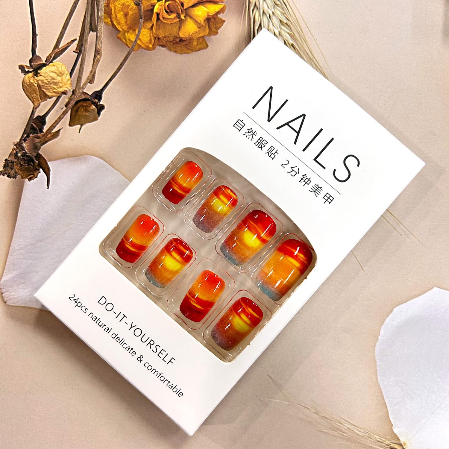 TBRZTR Sunset False Nails Press on Nails Medium Square Fake Nails Clouds Pattern Design Acrylic Nails Full Cover Stick on Nails Press Nails with Charm Acrylic Glossy Glue on Nails for Women 24Pcs - Image 4
