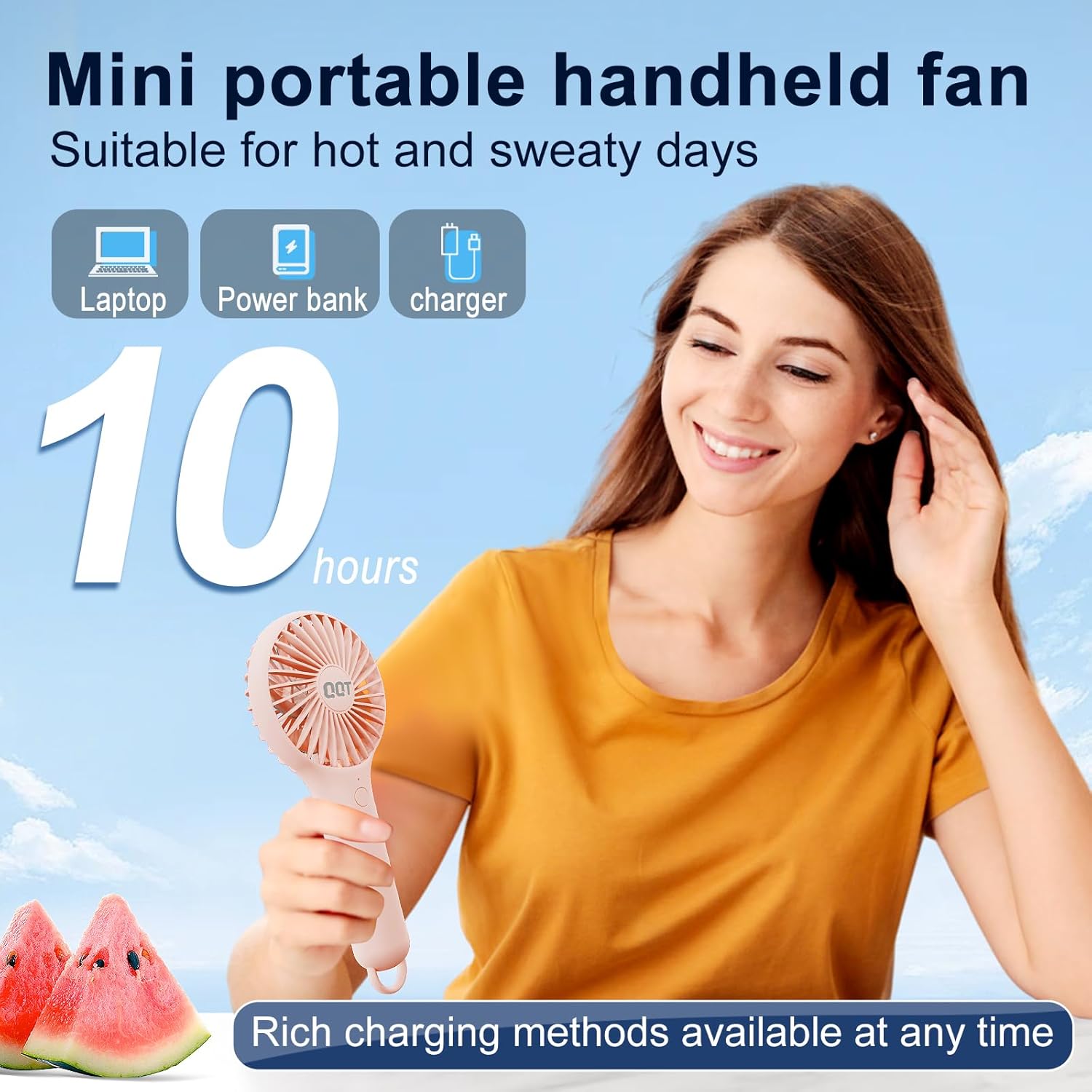 QQT Mini Handheld Fan, Small Personal Fan with 3 Speeds, Portable Battery Operated, USB Rechargeable Makeup Eyelash Dryer, Strong Airflow for Travel, Office, Outdoor, Women, Men, and Kids(Pink) - Image 5