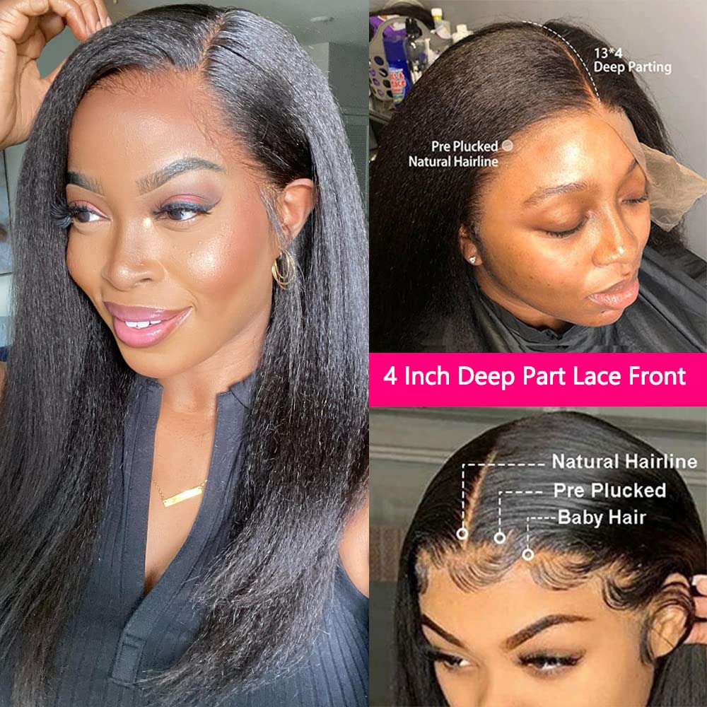 GOLFMAX Kinky Straight Lace Front Wigs Human Hair Pre Plucked With Baby Hair 180% Density Yaki Straight 13x4 Transparent HD Glueless Lace Wig Human Hair Wigs For Black Women 24 Inch - Image 6
