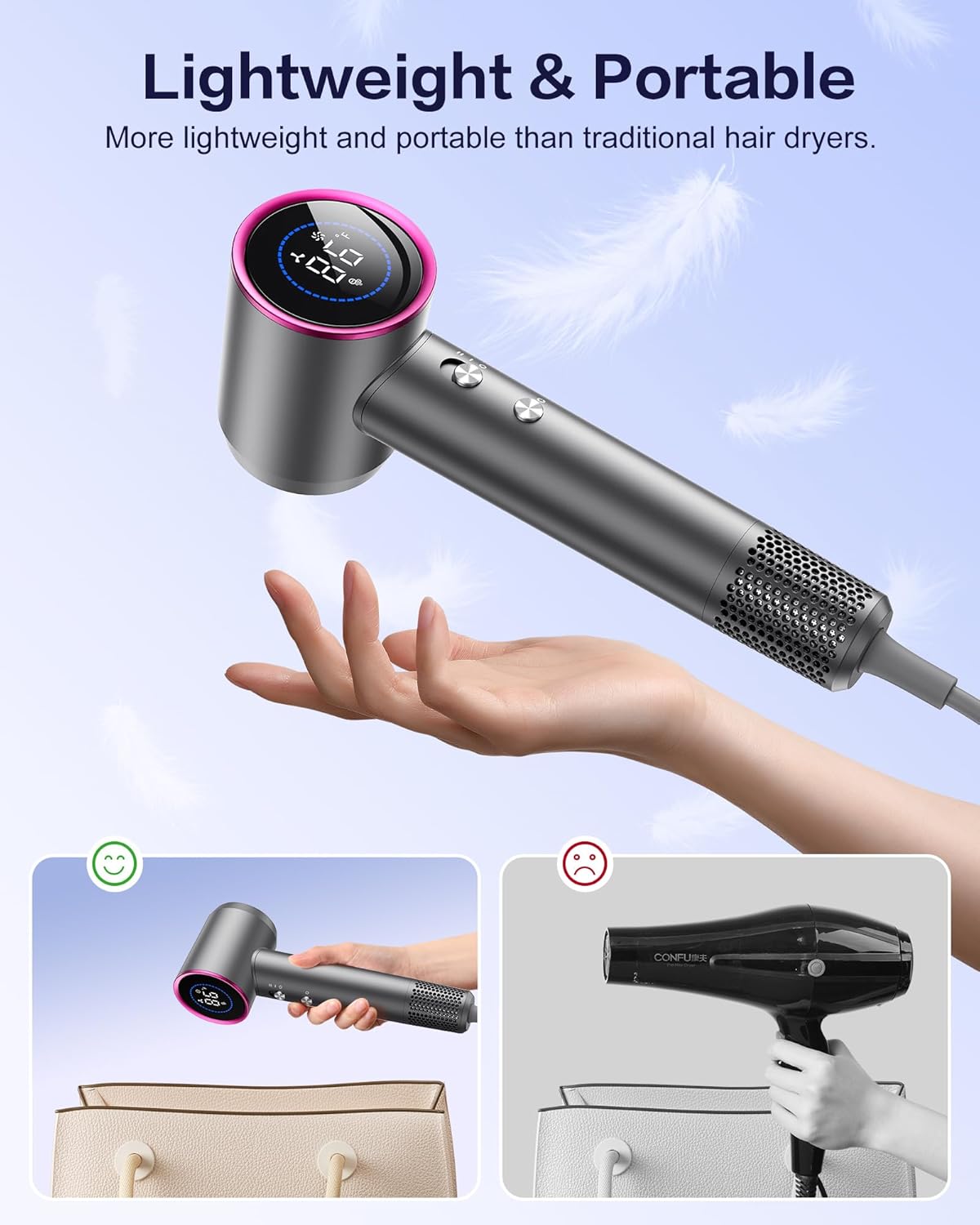 Hair Dryer,180000 RPM High-Speed Blow Dryer 500 Millions Negative Ionic Care Hair Dryer for Fast Drying, 50dB Low Noise Thermo-Control Hairdryer with Magnetic Diffuser & Nozzle for Women Salon Gray - Image 9