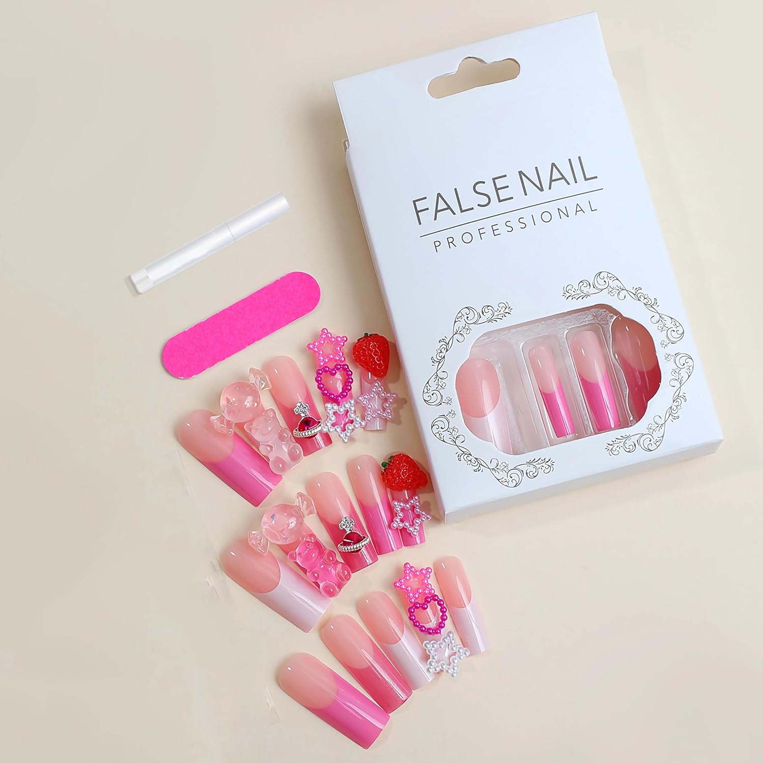 BABALAL Pink Press on Nails Long Square Fake Nails Cute Glue on Nails 3d Bear Candy Star Heart Strawberry Charm Acrylic Nails Rhinestone Squoval Manicure Stick on False Nails 24Pcs Nails Press on - Image 4