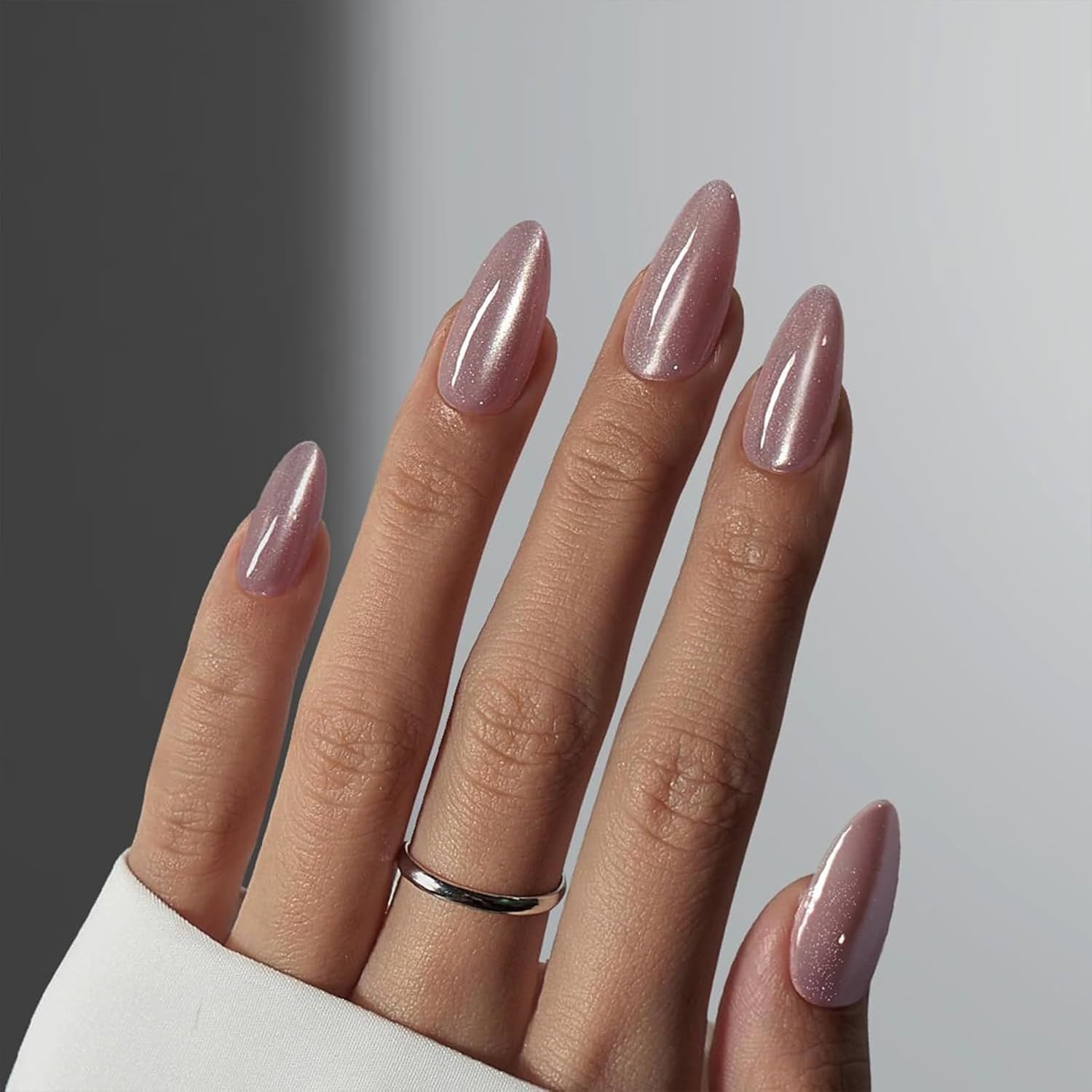 Almond Press on Nails Medium Fake Nails Pink False Nails with Designs Glitter Glossy Full Cover Acrylic Glue on Nails Artificial Stick on Nails Press ons for Women Manicure 24Pcs - Image 2