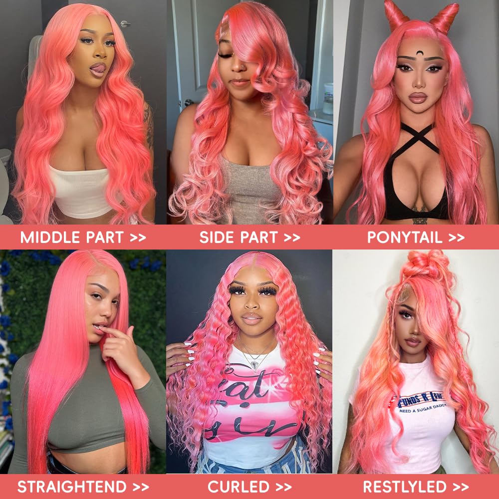 Pink Lace Front Wigs Human Hair 13x4 HD Body Wave Lace Front Wigs Human Hair Pre Plucked Frontal Wig 180% Density Colored Pink Human Hair Wig Glueless Wigs 24 Inch - Image 3