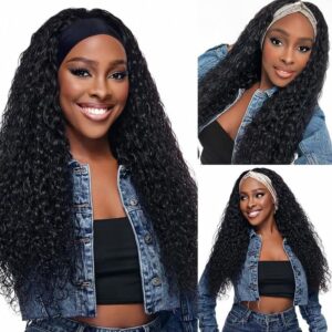 Headband Wig Human Hair Deep Wave 20 Inch Glueless None Lace Front Deep Curly Wig Brazilian Virgin Hair Wear and Go Wigs for Black Women 180% Density Machine Made Headband Half Wigs Natural Color