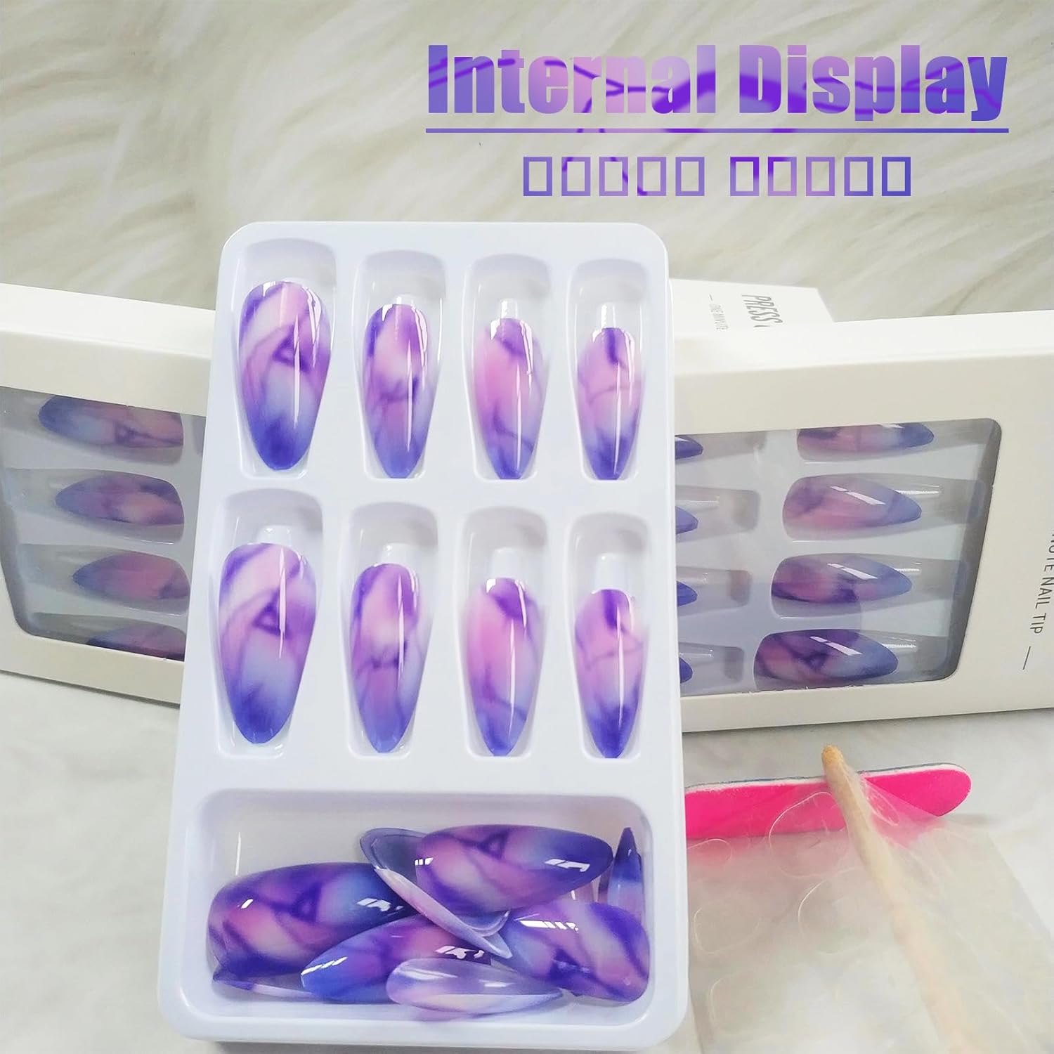 24Pcs Marble Press On Nails with Ombre Design, Gradient Manicure Art Acrylic Medium Almond Fake Nails, Stick On Glossy Purple Gradient Full Cover False Nails Gel Glue On Nails for Women and Girls - Image 4