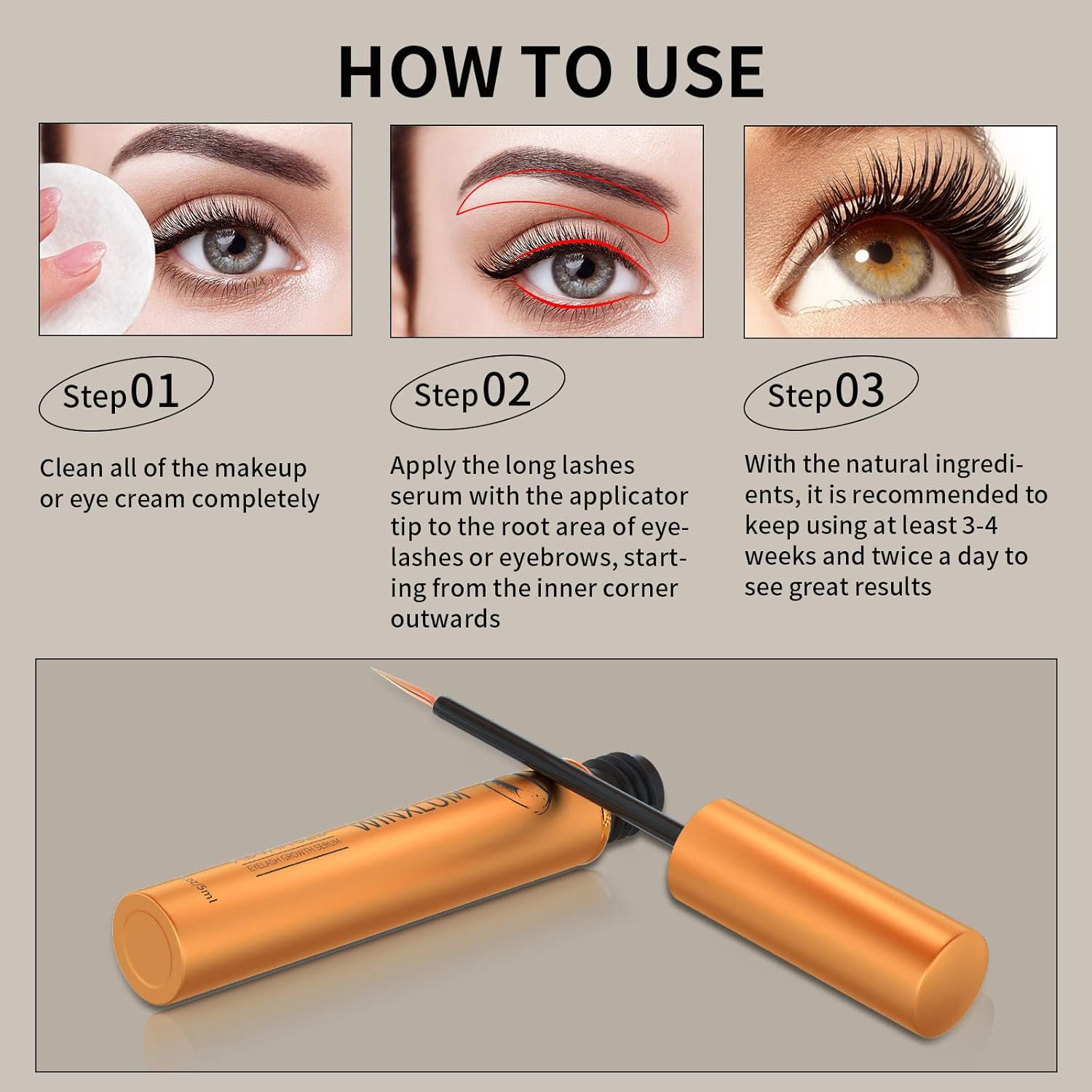 Premium Eyelash Growth Serum, Lash Growth Serum 5ML, Eyebrow Growth Serum with Peptides, Irritation-Free Eyelash Serum to Grow Lashes, Lash Boost for Fuller, Longer, Thicker, and Stronger Lashes, Gold - Image 5
