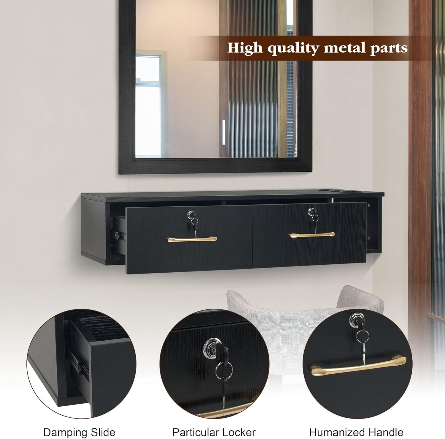 BarberPub Locking Wall Mount Styling Station, Barber Storage Floating Salon Station, Beauty Spa Salon Equipment with Drawers 2206 (Black) - Image 5