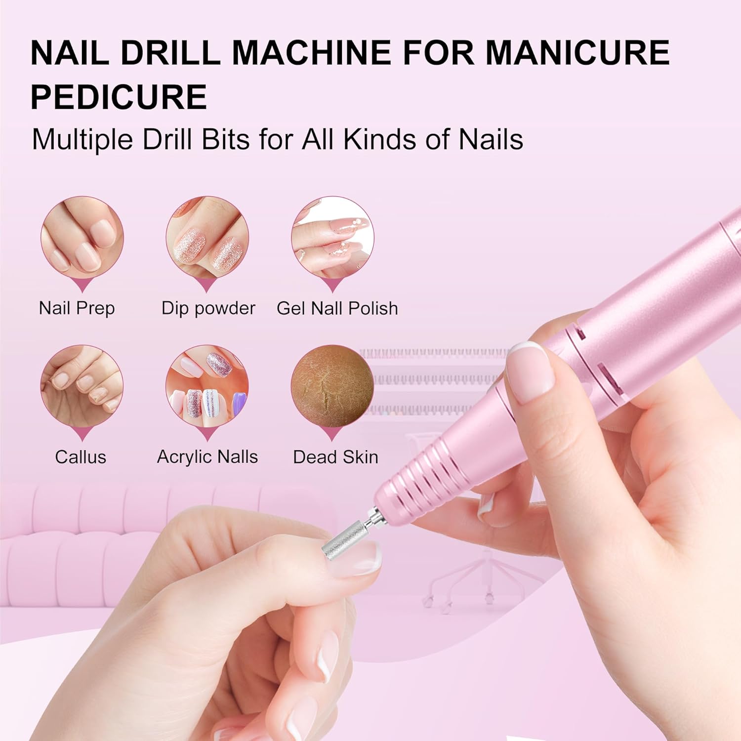Professional Electric Nail Drill File:COSYGLOW Glitter Portable Cordless E-File Nail Drill Kit with 11 Drill Bits,30000 RPM Rechargeable Nail Drills Machine for Acrylic Nails Gel Polishing(Pink) - Image 7
