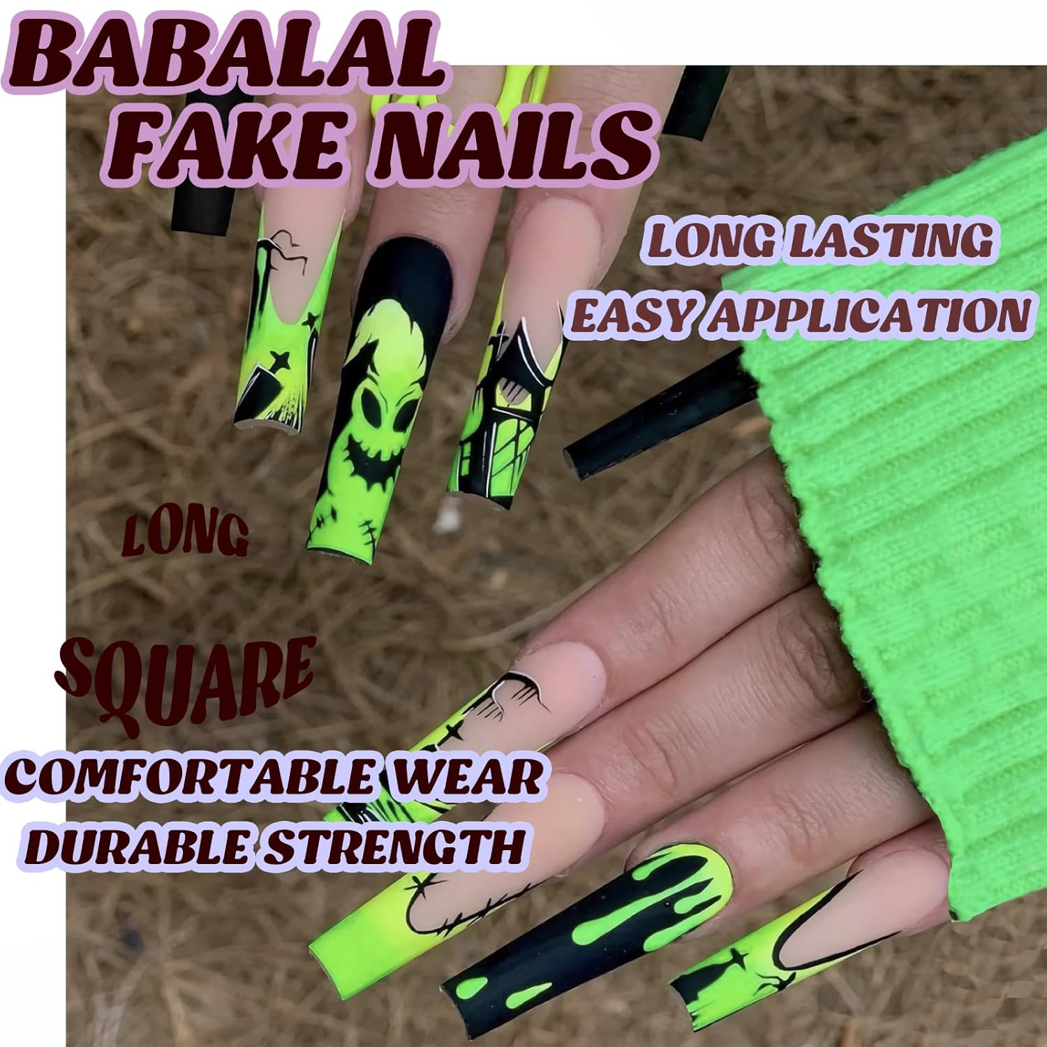BABALAL Halloween Press on Nails Long Coffin Fake Nail Black Nails Glue ons Green French Tip Ghost Design Acrylic Nails Ballerina False Nails 24Pcs Manicure Full Cover Artificial Nails - Image 5