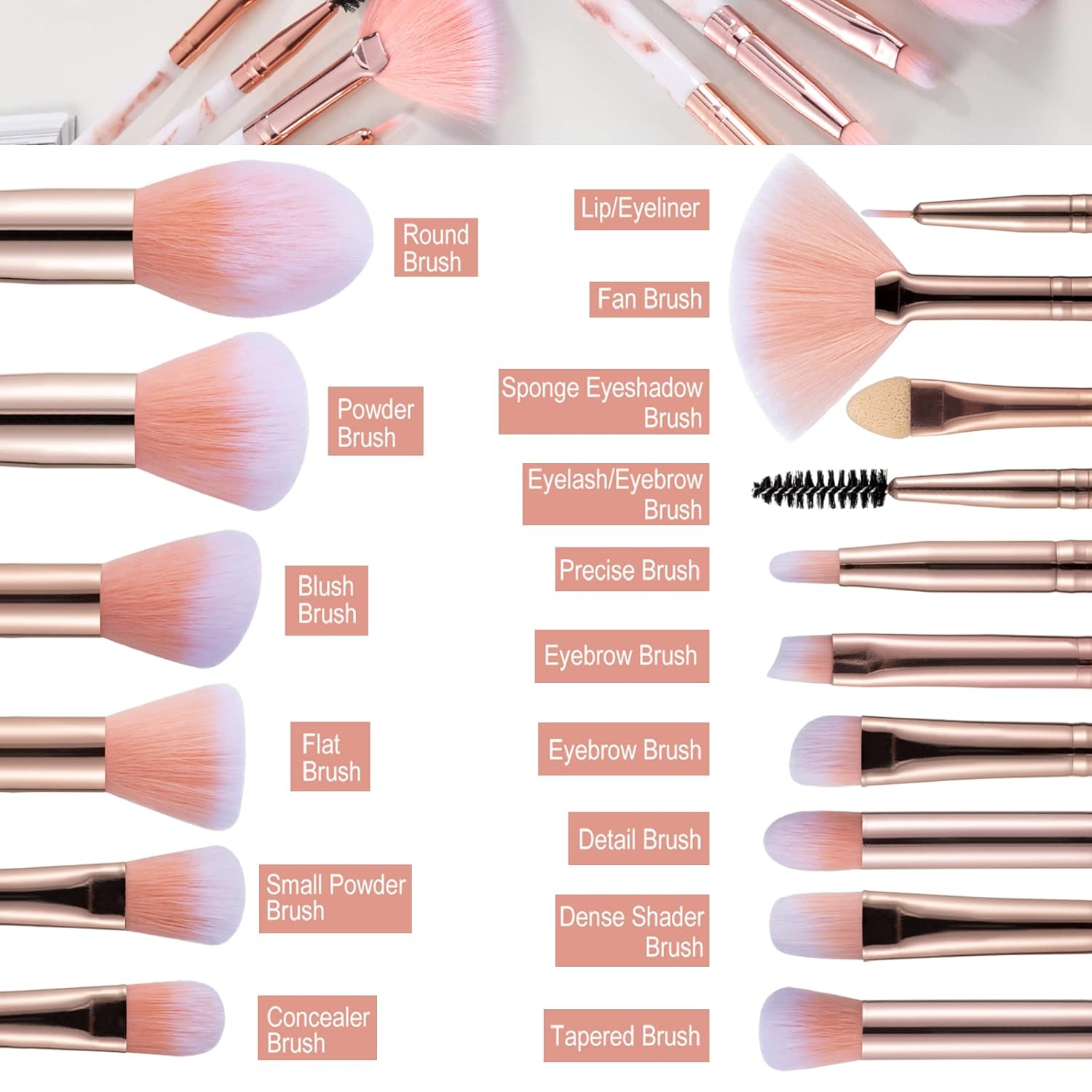 16PCs Marble Makeup Brushes Set Premium Synthetic Face Eye Lip Make Up Brush Kits for Foundation, Powder,Eyeshadow,Eyebrow,Eyelash,Eyeliner,Blending,Concealer,Contour,Highlight - Image 3