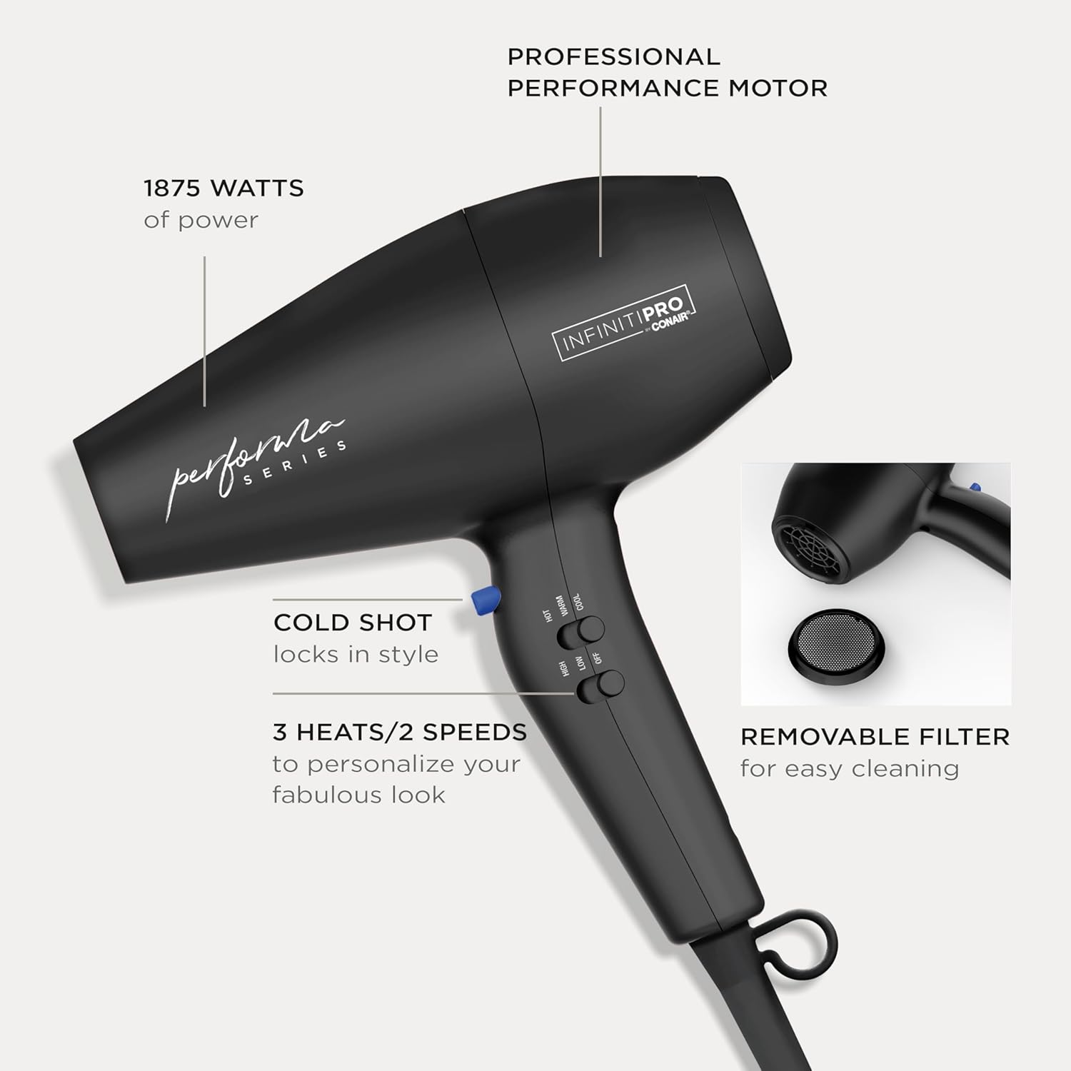 Conair Infiniti Pro Hair Dryer with Diffuser Plus 2 Other Attachments and Drawstring Storage Bag | Performa Series Hair Dryer | Blow Dryer with Professional Performance Motor | Black - Image 4