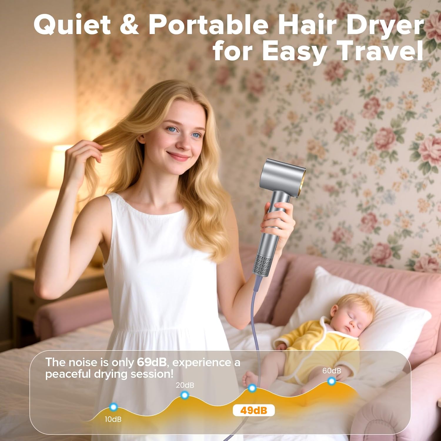 Hair Dryer, 150,000 RPM Brushless Motor, Ultra-Fast Drying with 3 Heat Settings & LED Lights, Negative Ion Technology, Quiet Lightweight Blow Dryer with Diffuser & Nozzle for Home, Salon, Travel Use - Image 7