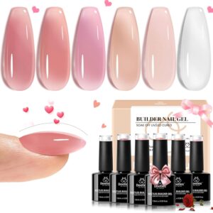 Beetles Builder Gel for Nails, 6 Colors 7 in 1 Builder Gel Nail Kit, Jelly Clear Pink Nude Hard Gel for Nail Apex Nail Thickening Extension Strengthen Thin Nails UV Gel Beauty Gift Sets for Women