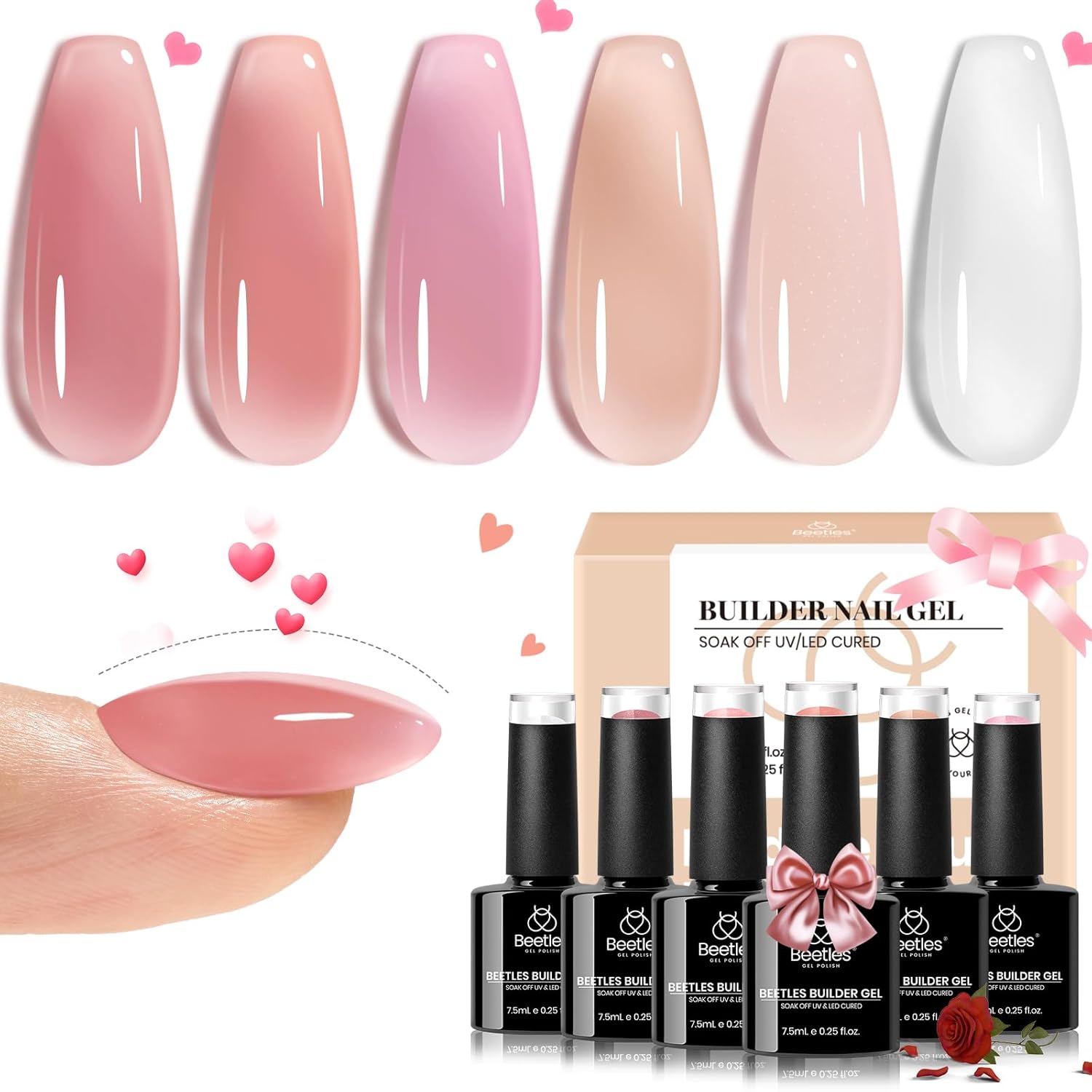 Beetles Builder Gel for Nails, 6 Colors 7 in 1 Builder Gel Nail Kit, Jelly Clear Pink Nude Hard Gel for Nail Apex Nail Thickening Extension Strengthen Thin Nails UV Gel Beauty Gift Sets for Women