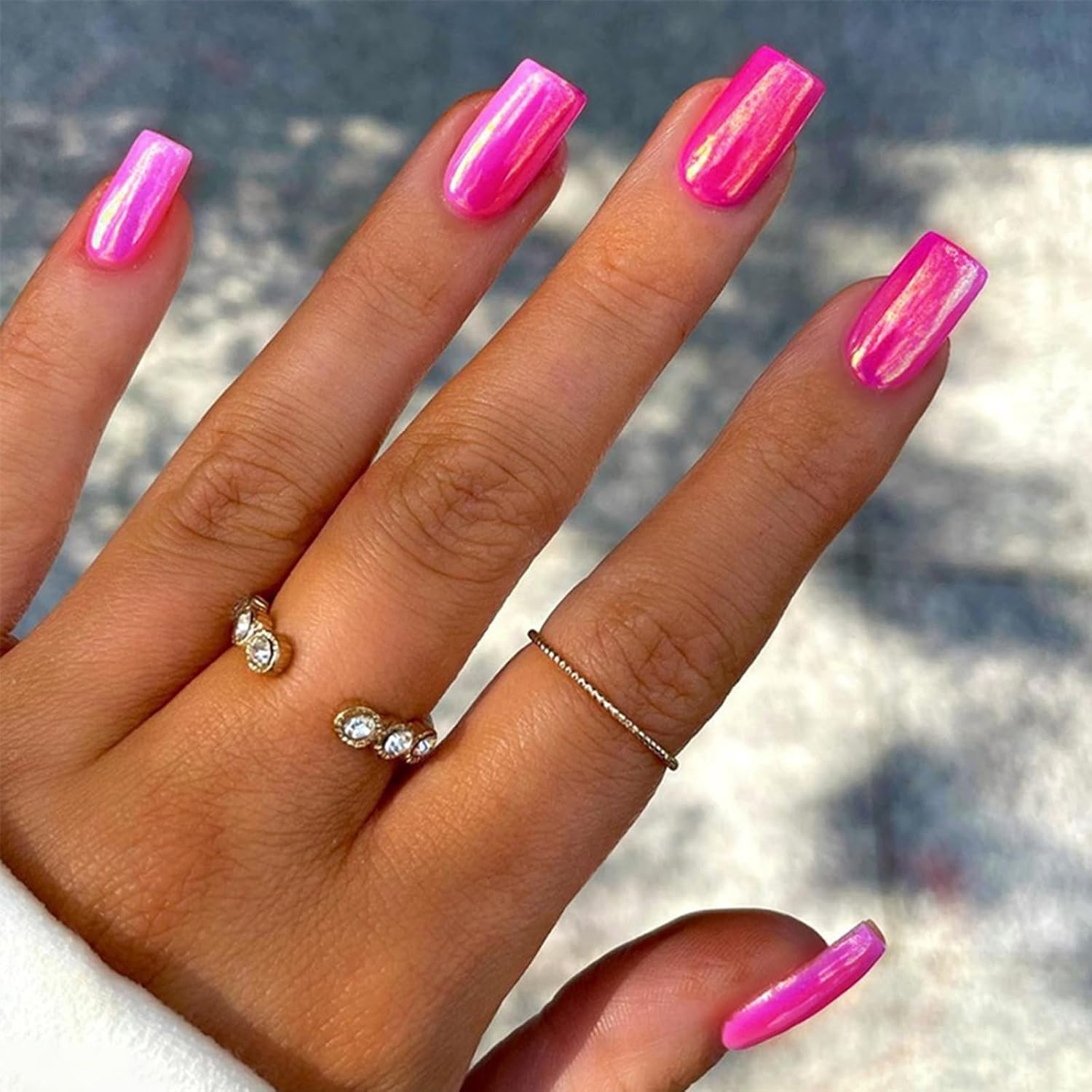 Chrome Press on Nails Medium Square Fake Nails Hot Pink False Nails with Design Aurora Solid Color Glossy Glue on Nails Full Cover Acrylic Stick on Nails Shiny Artificial Nails for Women Manicure Set