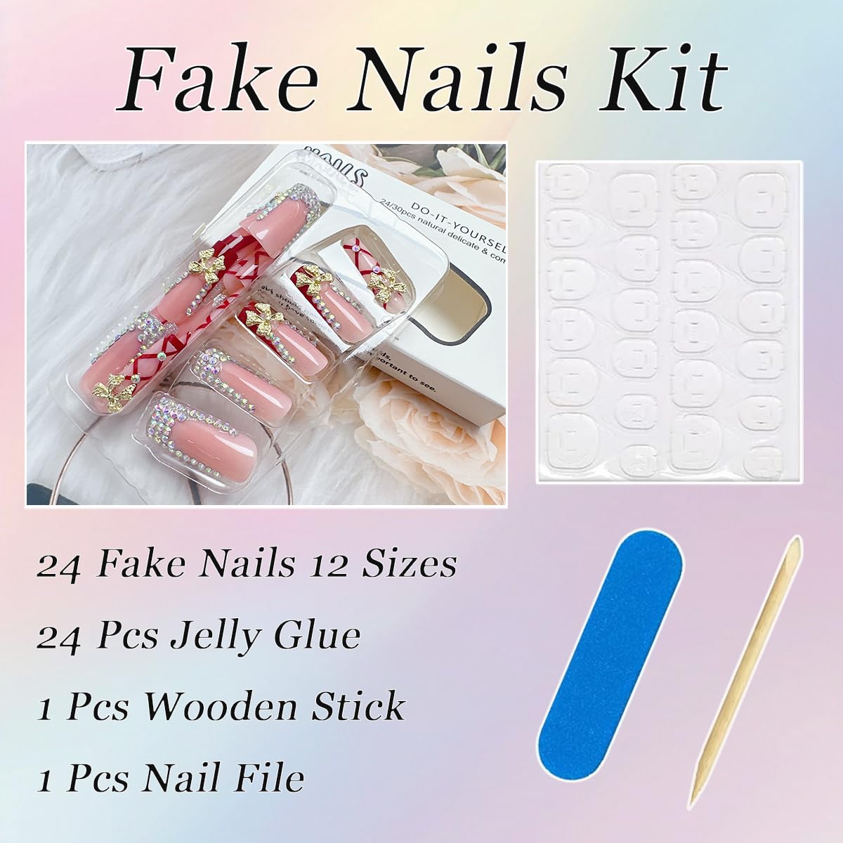 24Pcs Long Coffin Press on Nails Red French Tip Fake Nails with 3D Metal Bow Rhinestones Designs Spring Summer Acrylic Nails Full Cover French False Nails Bow Diamond Stick on Nails for Women - Image 6