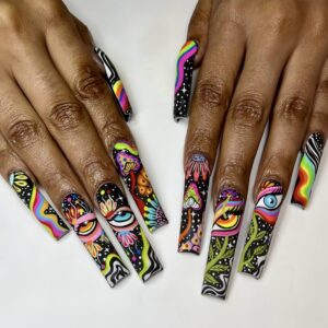 French Tip Press on Nails Extra Long Square Shaped False Nails Colorful Glossy Fake Nails with Plant and Blue Eyes Design Acrylic Nails Fully Cover Stick on Nails for Women DIY Manicure 24 Pcs