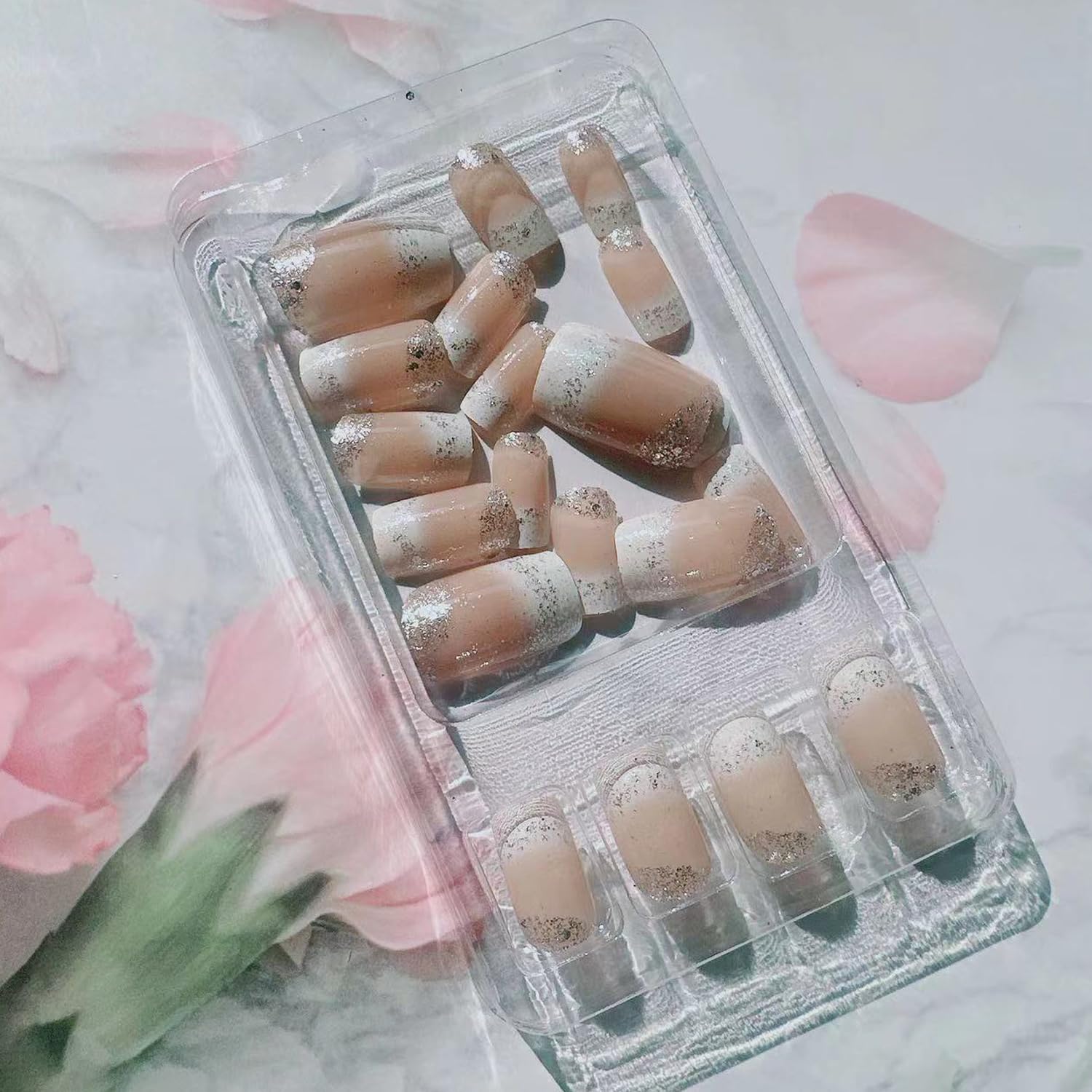 White French Tips Press on Nails Short Square Fake Nails Silver Glitter Acrylic Sparkly False Nails Glitter Stick on Nails Reusable Full Cover Artificial Nail for Women DIY Nail Art Decoration 24Pcs - Image 6