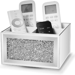 SWTHONY 360 Rotating TV Remote Control Holder Caddy Storage for Table, Silver Bling Crushed Diamond Organizer for Pens and Pencils, Make Up Brushes