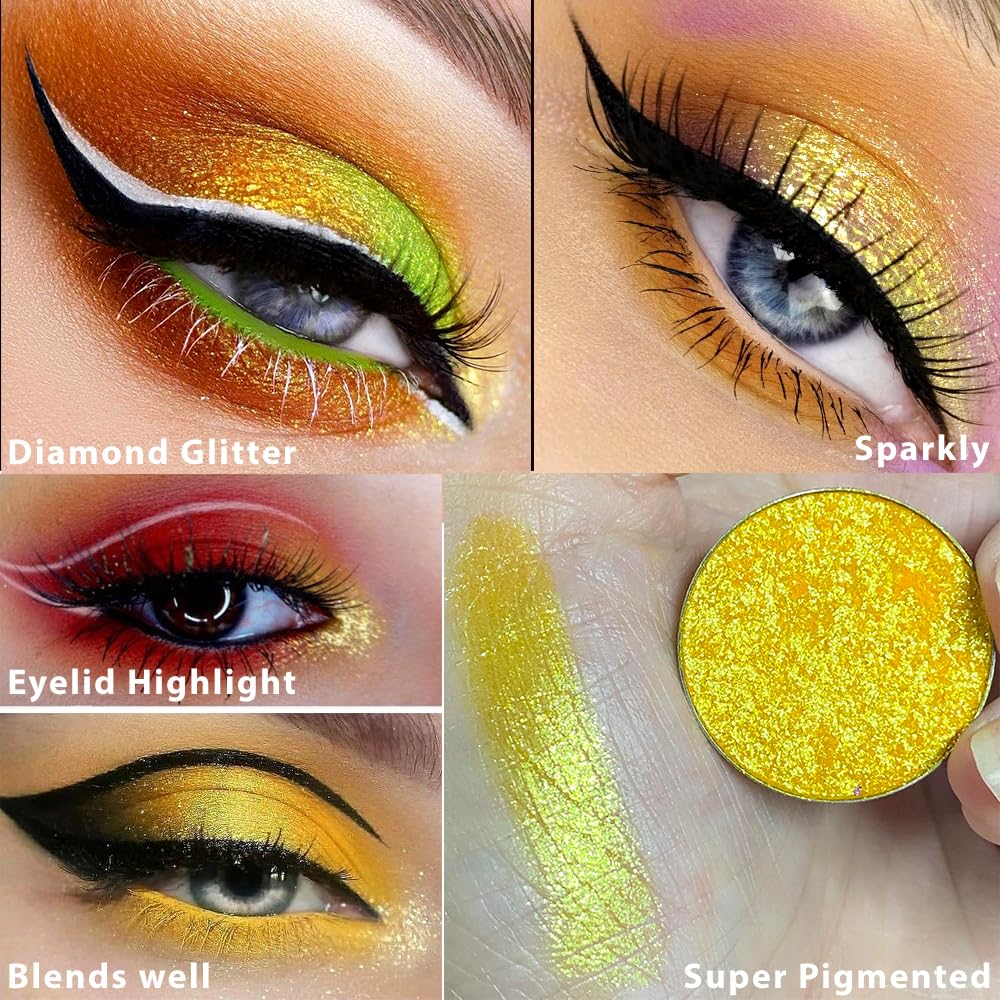 Afflano Yellow Glitter Eyeshadow Makeup, Single Diamond Gold Shimmery Eyeshadows, Super Pigmented Sunset Gold Glitter Yellow Eyeshadow One Swipe, Vibrant Metallic Eye Shadow Sparkly Eyelid Highlighter - Image 3