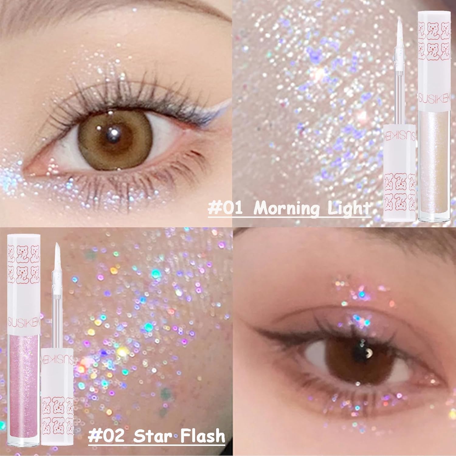 6Pcs Liquid Glitter Eyeshadow Eyeliner, Korean Makeup, Bling Under Eye Shadow, Shimmer Eye Make Up Valentine's Gift Set,Long Lasting,Quick Drying & Pigmented Loose Glitter Glue for Crystals Makeup - Image 3