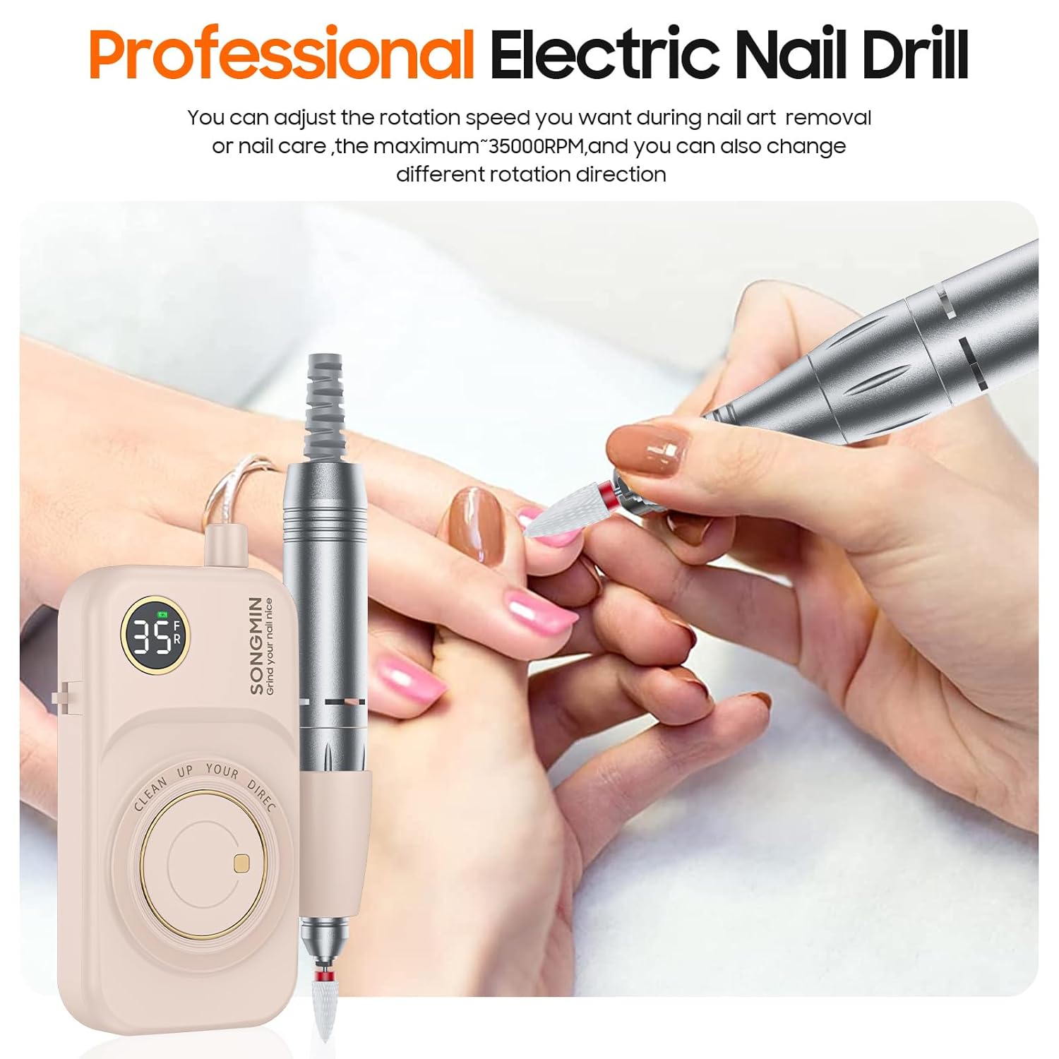 Professional Nail Drill 35000 RPM,SONGMIN Portable Cordless Efile with Bits Kit for Acrylic Nails Gel Polishing Removing,Rechargeable Electric Nail File Machine for Manicure,Pedicure Salon Home,Pink - Image 5