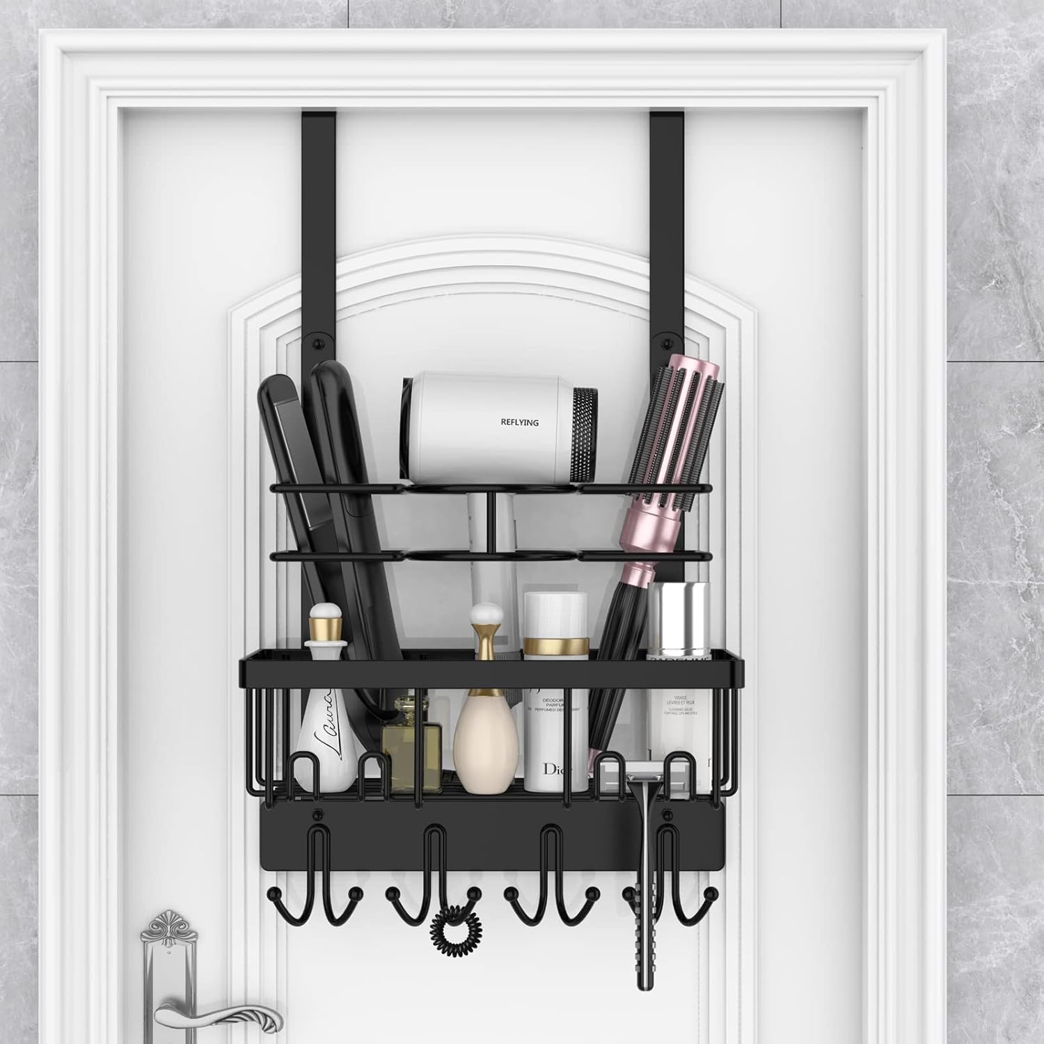 REFLYING Over-the-Door Hairdryer and Styling Tool Organizer, Metal, Black, 3 Compartments, 8 Hooks, 15"H x 10"W x 4.7"D