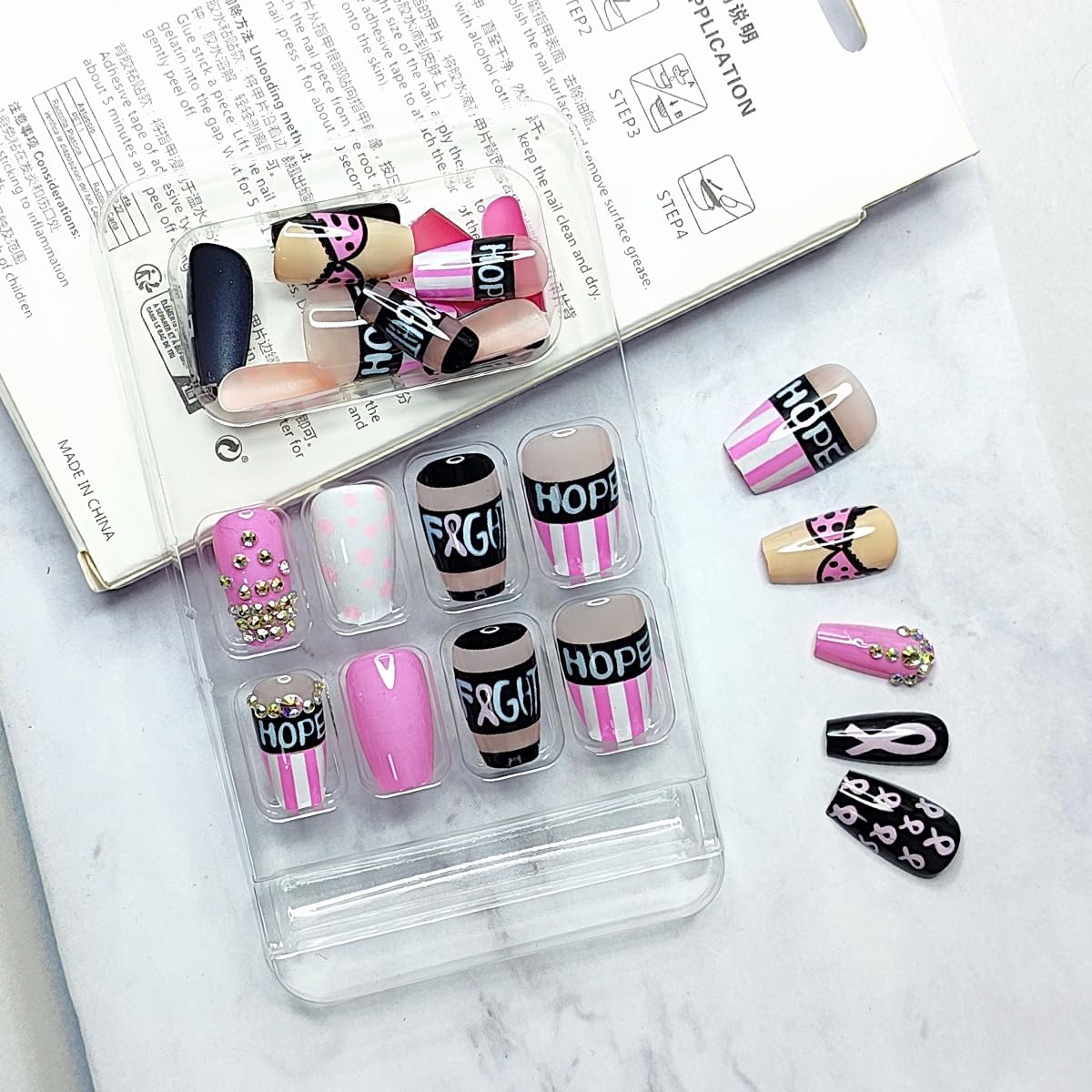 Press On Pink Ribbon Acrylic Nails - Breast Cancer Awareness Design with Rhinestones - Short Square False Nails for Women and Girls - Image 2